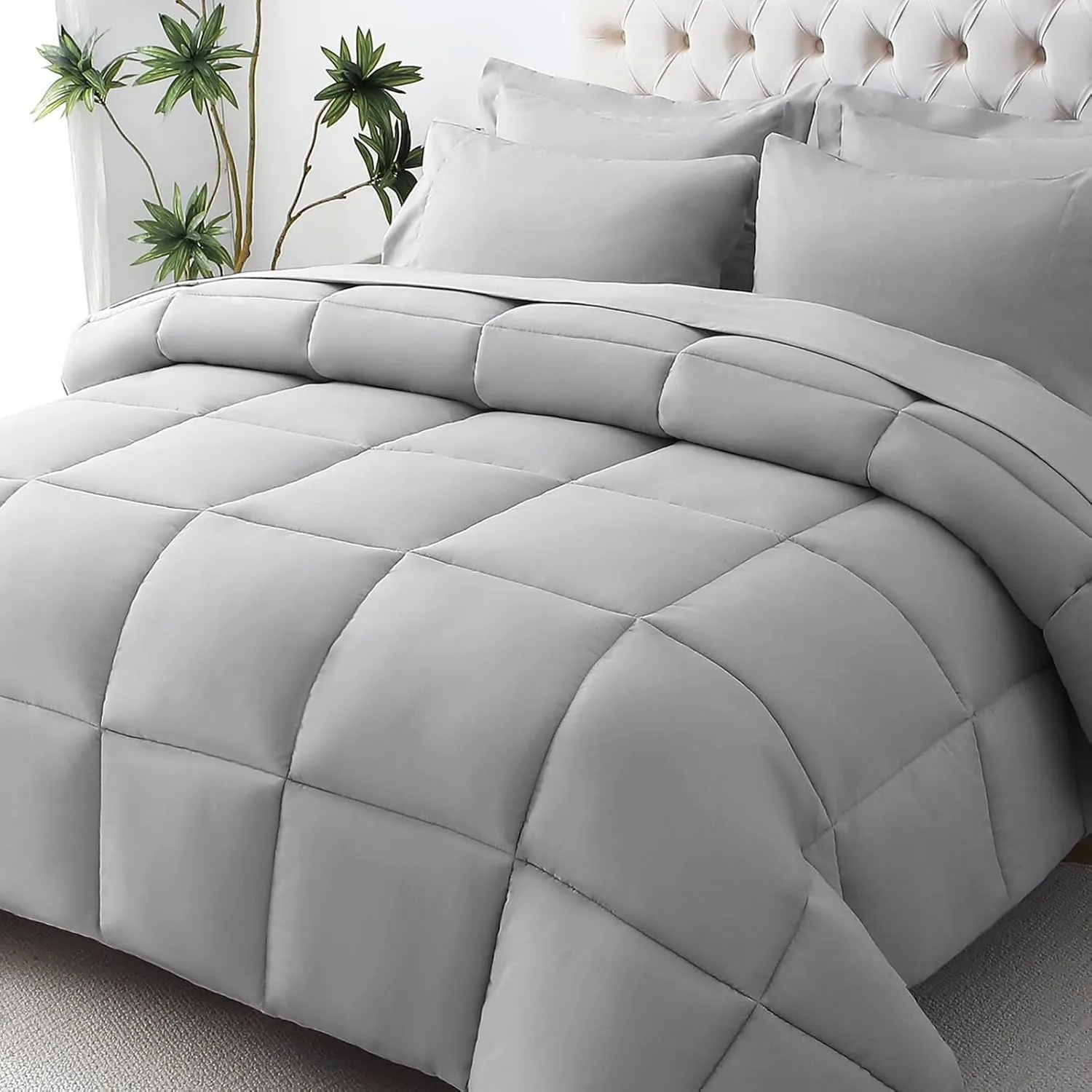 JOLLYVOGUE Full Comforter Set, Ultra-Soft Full Size Comforter Sets, 7-Piece Bed in a Bag, Goose Down Alternative, Oeko-TEX Certified, Sheets & Pillowcases, Light Grey