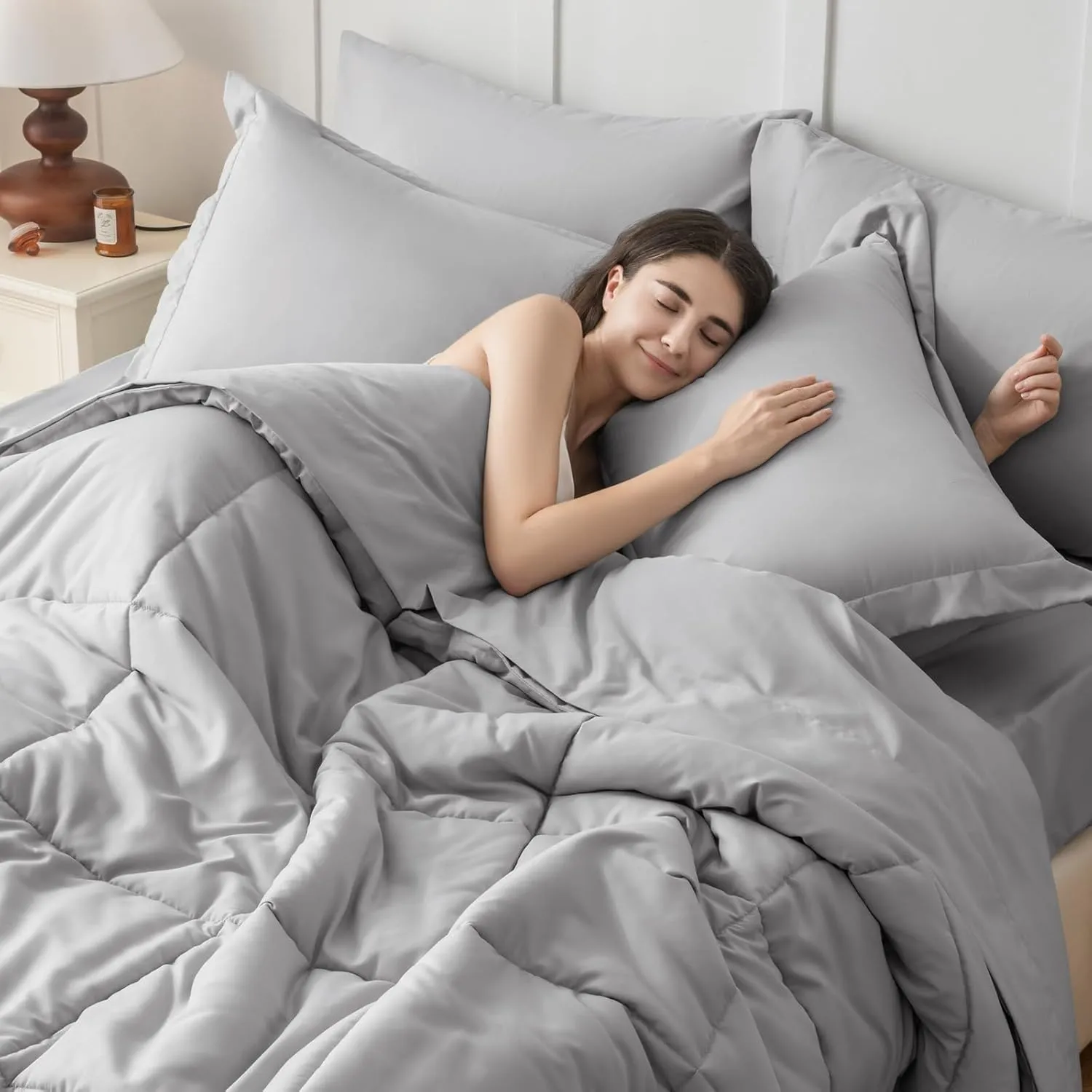 JOLLYVOGUE Full Comforter Set, Ultra-Soft Full Size Comforter Sets, 7-Piece Bed in a Bag, Goose Down Alternative, Oeko-TEX Certified, Sheets & Pillowcases, Light Grey