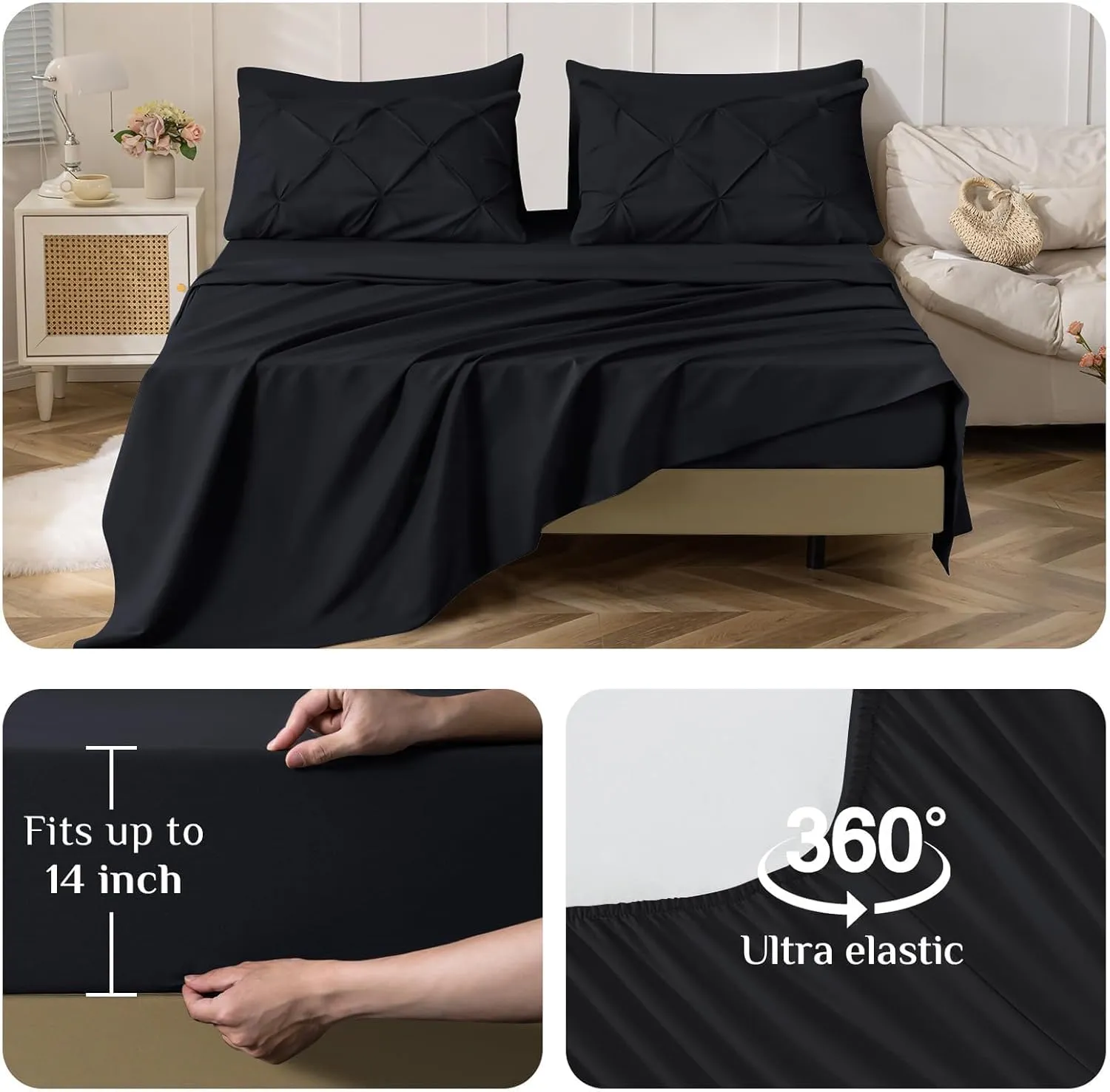 JOLLYVOGUE Queen Comforter Set 7 Pieces - Bed in a Bag Queen for All Season, Pintuck Bedding Comforter Sets with Comforter, Flat Sheet, Fitted Sheet and Pillowcases & Shams, Black