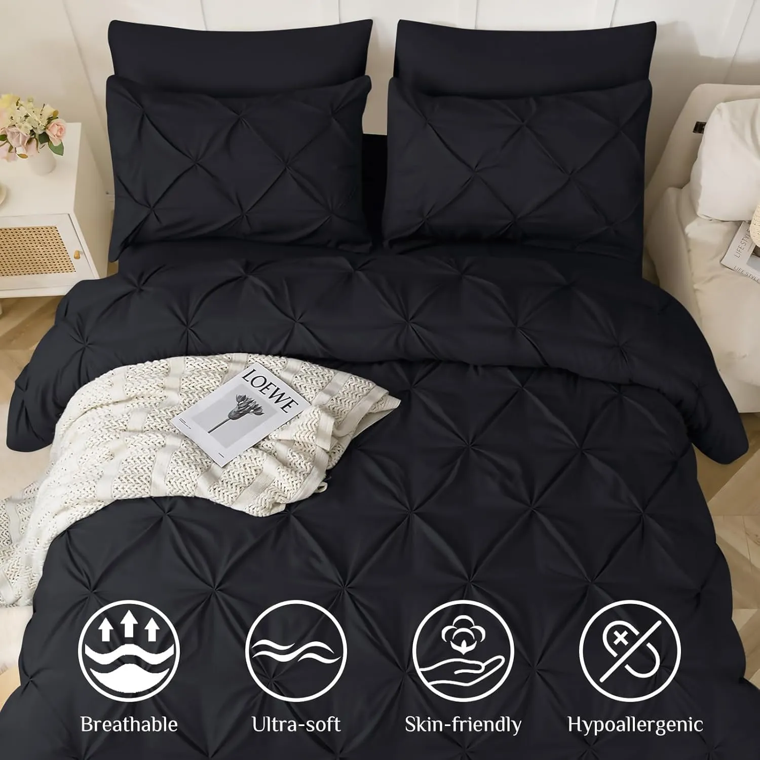 JOLLYVOGUE Queen Comforter Set 7 Pieces - Bed in a Bag Queen for All Season, Pintuck Bedding Comforter Sets with Comforter, Flat Sheet, Fitted Sheet and Pillowcases & Shams, Black