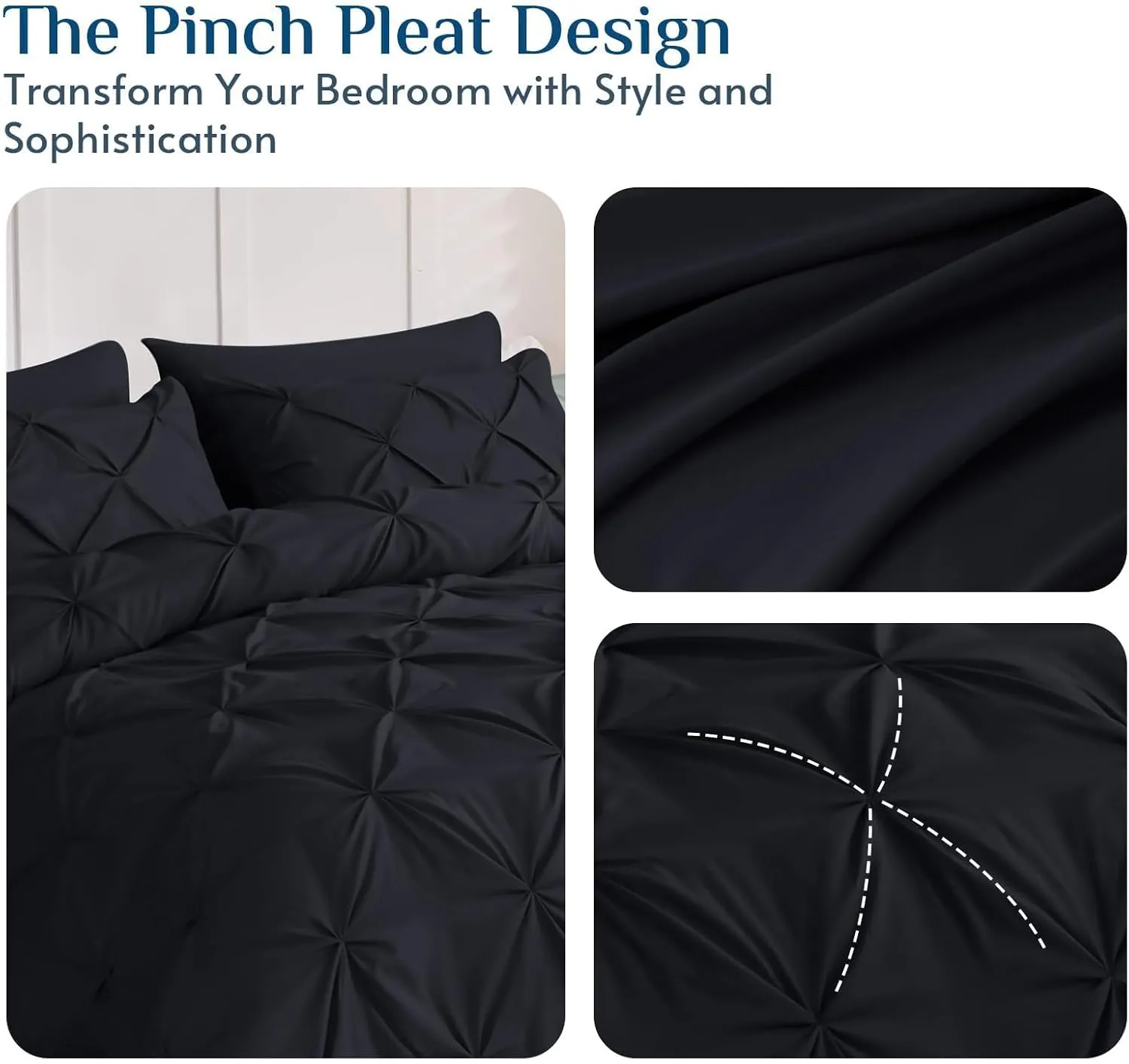 JOLLYVOGUE Queen Comforter Set 7 Pieces - Bed in a Bag Queen for All Season, Pintuck Bedding Comforter Sets with Comforter, Flat Sheet, Fitted Sheet and Pillowcases & Shams, Black