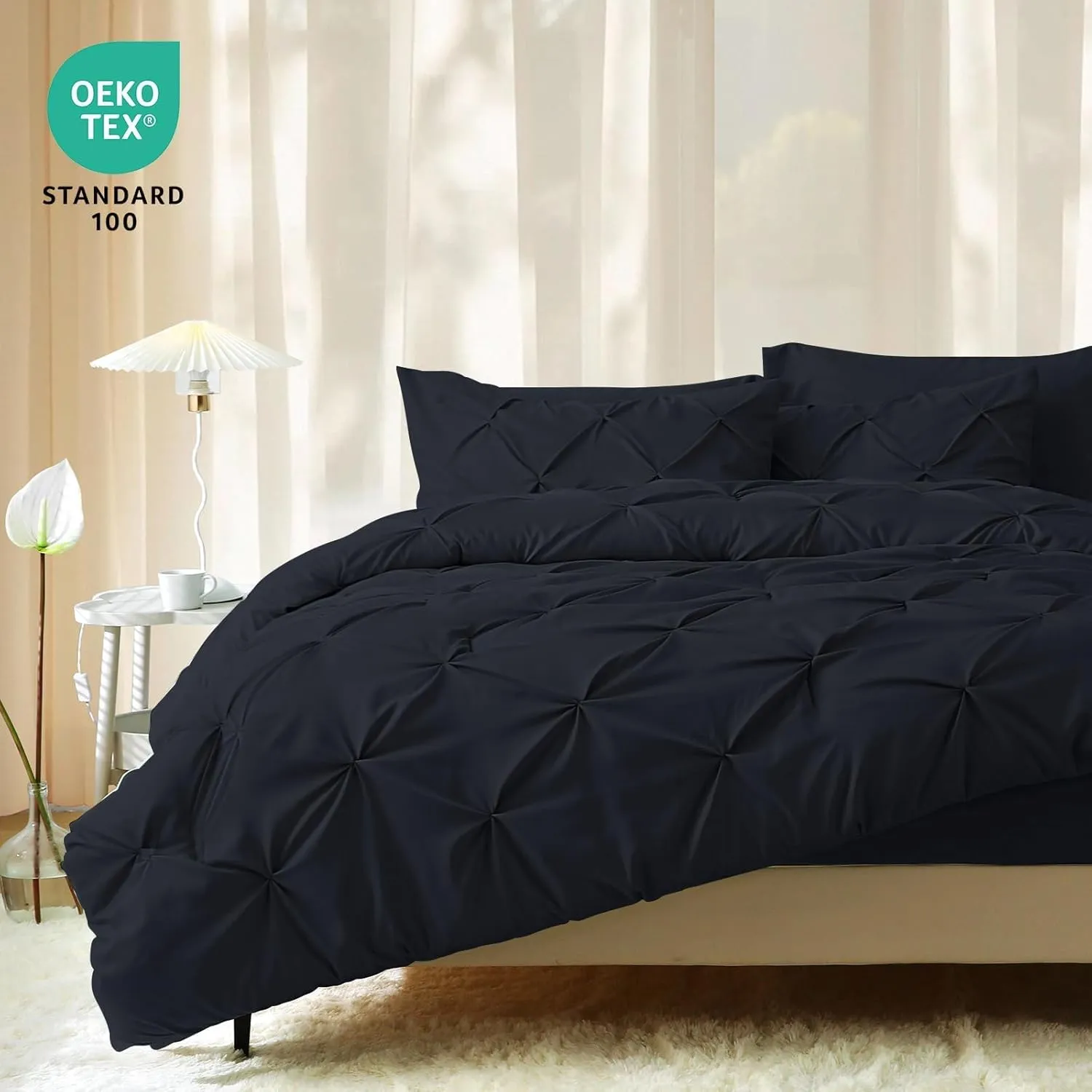 JOLLYVOGUE Queen Comforter Set 7 Pieces - Bed in a Bag Queen for All Season, Pintuck Bedding Comforter Sets with Comforter, Flat Sheet, Fitted Sheet and Pillowcases & Shams, Black
