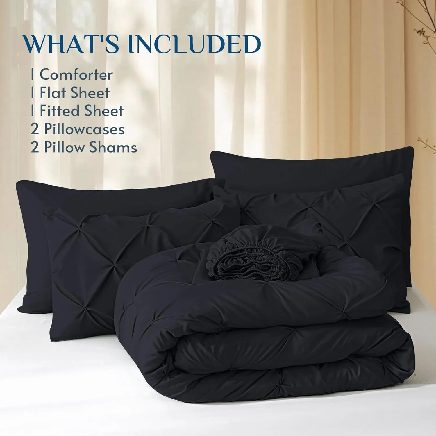 JOLLYVOGUE Queen Comforter Set 7 Pieces - Bed in a Bag Queen for All Season, Pintuck Bedding Comforter Sets with Comforter, Flat Sheet, Fitted Sheet and Pillowcases & Shams, Black