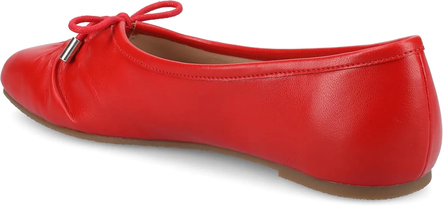 Journee Collection Womens Callee Ruched Ballet Dress Flats with Bow Cushioned Slip On Soft Square Toe Fashion Shoe
