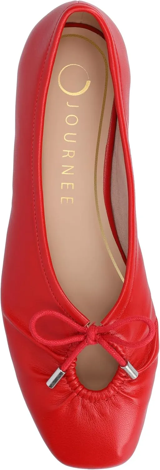 Journee Collection Womens Callee Ruched Ballet Dress Flats with Bow Cushioned Slip On Soft Square Toe Fashion Shoe