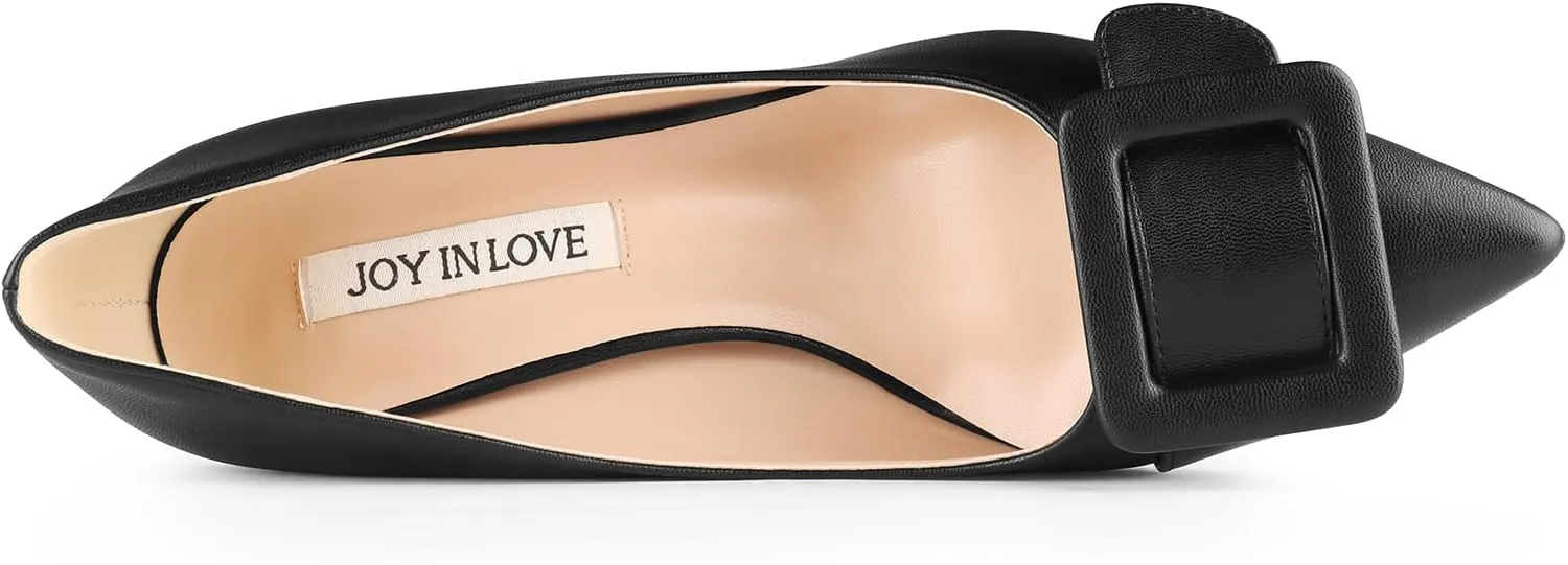 JOY IN LOVE Women's Kitten Heel Pumps Pointed Toe Square-Buckle Office Dress Pump Shoes