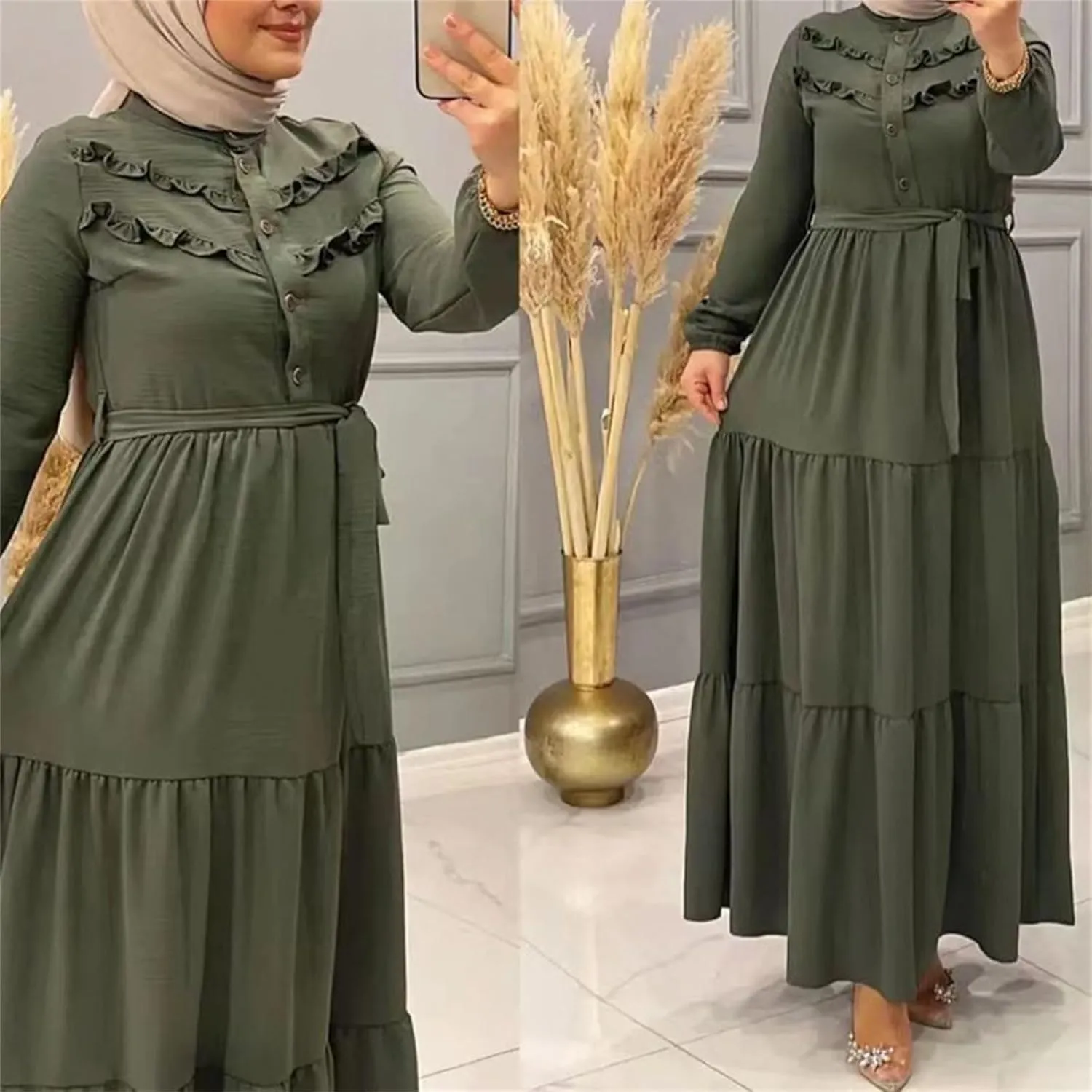 Kaftan Dresses for Women Button Up Long Maxi Dress with Belt Ramadan Abaya Long Gown Long Sleeve Pakistani Clothes