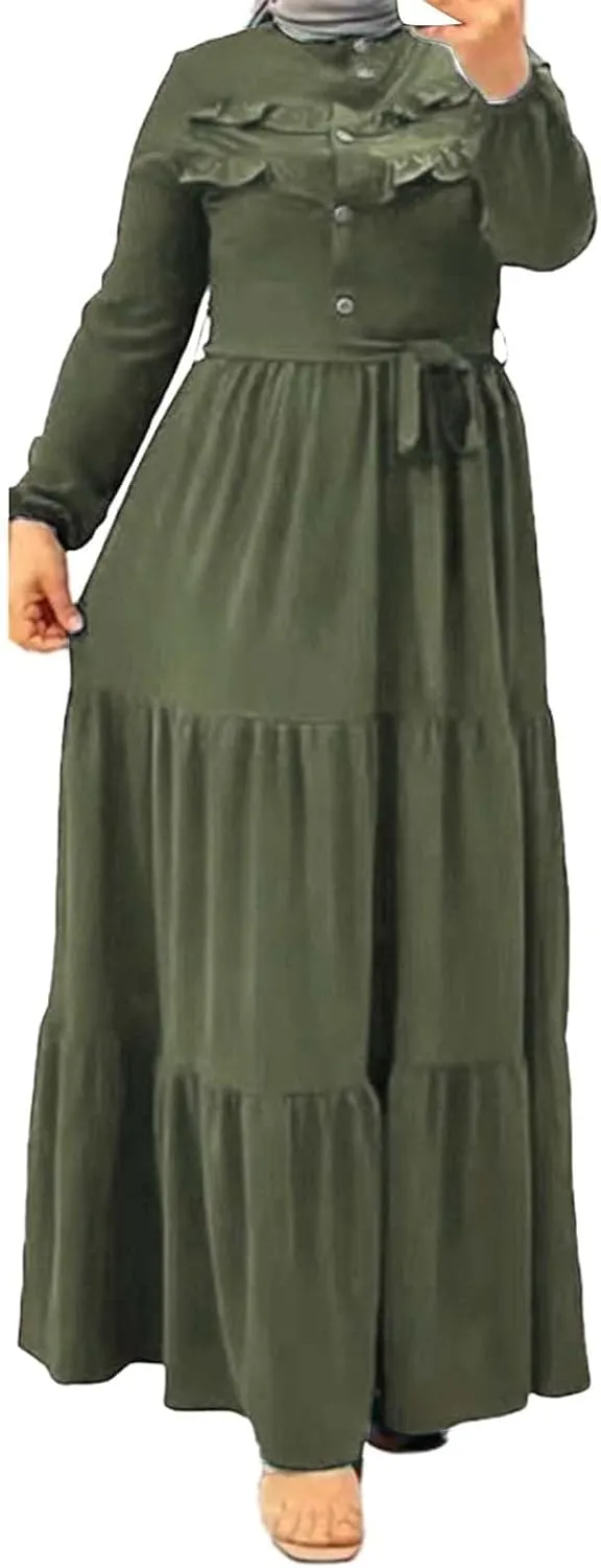 Kaftan Dresses for Women Button Up Long Maxi Dress with Belt Ramadan Abaya Long Gown Long Sleeve Pakistani Clothes