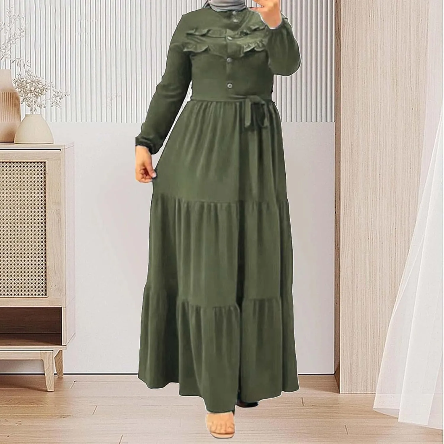 Kaftan Dresses for Women Button Up Long Maxi Dress with Belt Ramadan Abaya Long Gown Long Sleeve Pakistani Clothes