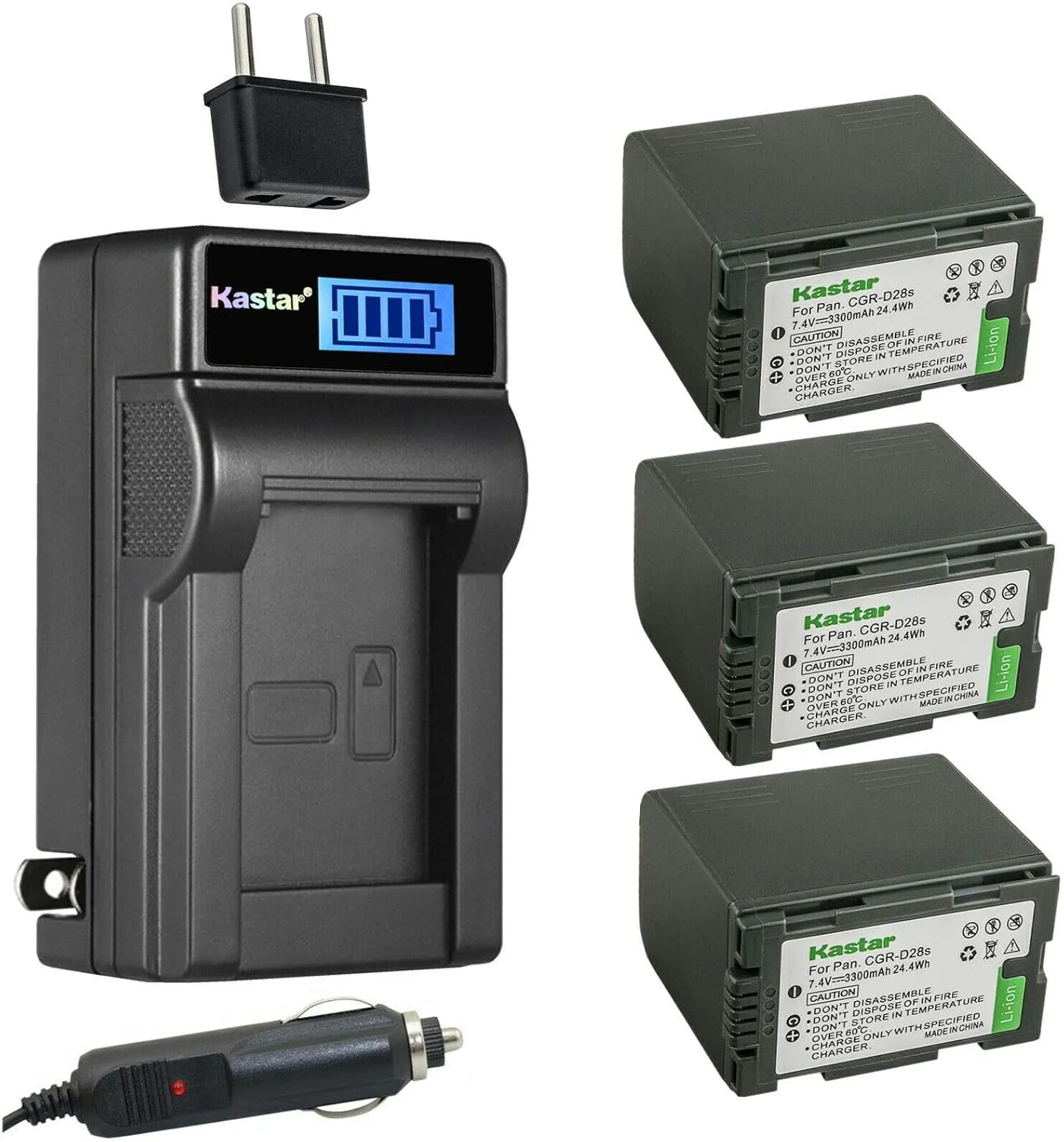 Kastar 3-Pack CGR-D28 Battery and LCD AC Charger Compatible with Panasonic CGR-D320, CGR-D320A/1B, CGR-D320E/1B, VW-VBD25, CGA-D08, CGA-D08A/1B, CGA-D08R, CGA-D08S, CGA-D08SE/1B, CGA-D120 Battery