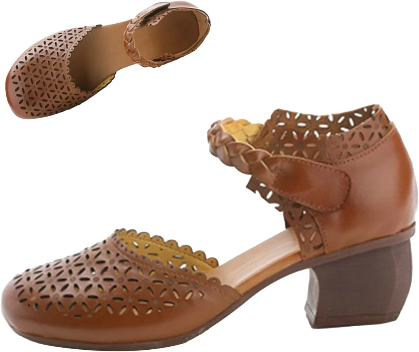 Keilinia Women's Closed Toe Low Chunky Block Heel Sandals,Vintage Comfort Cutout Woven Ankle Strap Dress Oxford Casual Shoes