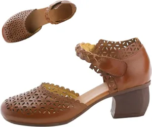Keilinia Women's Closed Toe Low Chunky Block Heel Sandals,Vintage Comfort Cutout Woven Ankle Strap Dress Oxford Casual Shoes