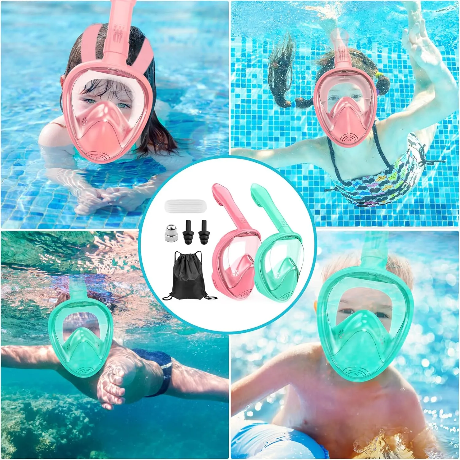Kids Snorkel Mask Full Face, Snorkeling Gear for Kids 2-14 with Camera Mount, 180 Degree Panoramic View Snorkeling Set Anti-Fog Anti-Leak
