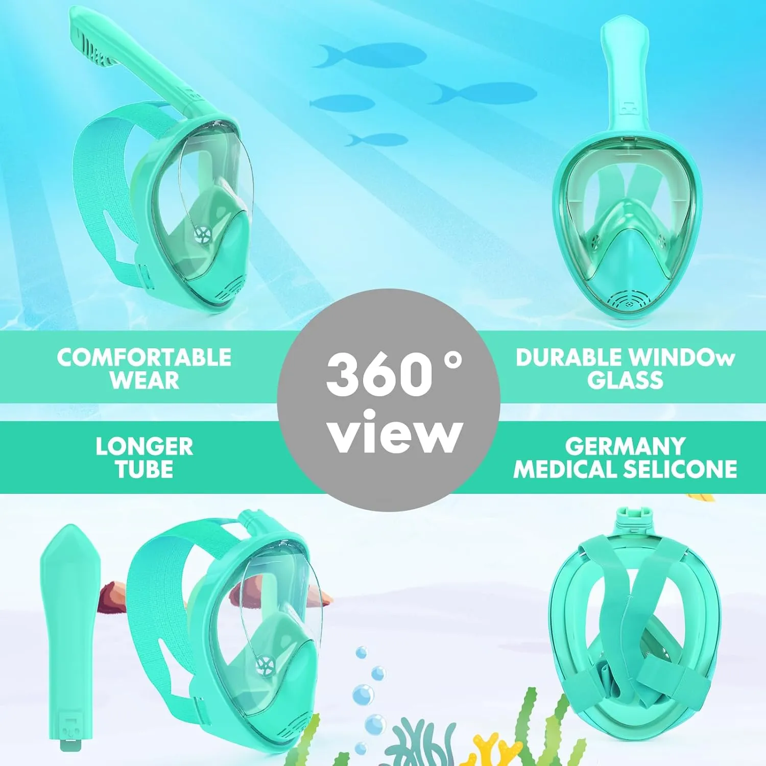 Kids Snorkel Mask Full Face, Snorkeling Gear for Kids 2-14 with Camera Mount, 180 Degree Panoramic View Snorkeling Set Anti-Fog Anti-Leak