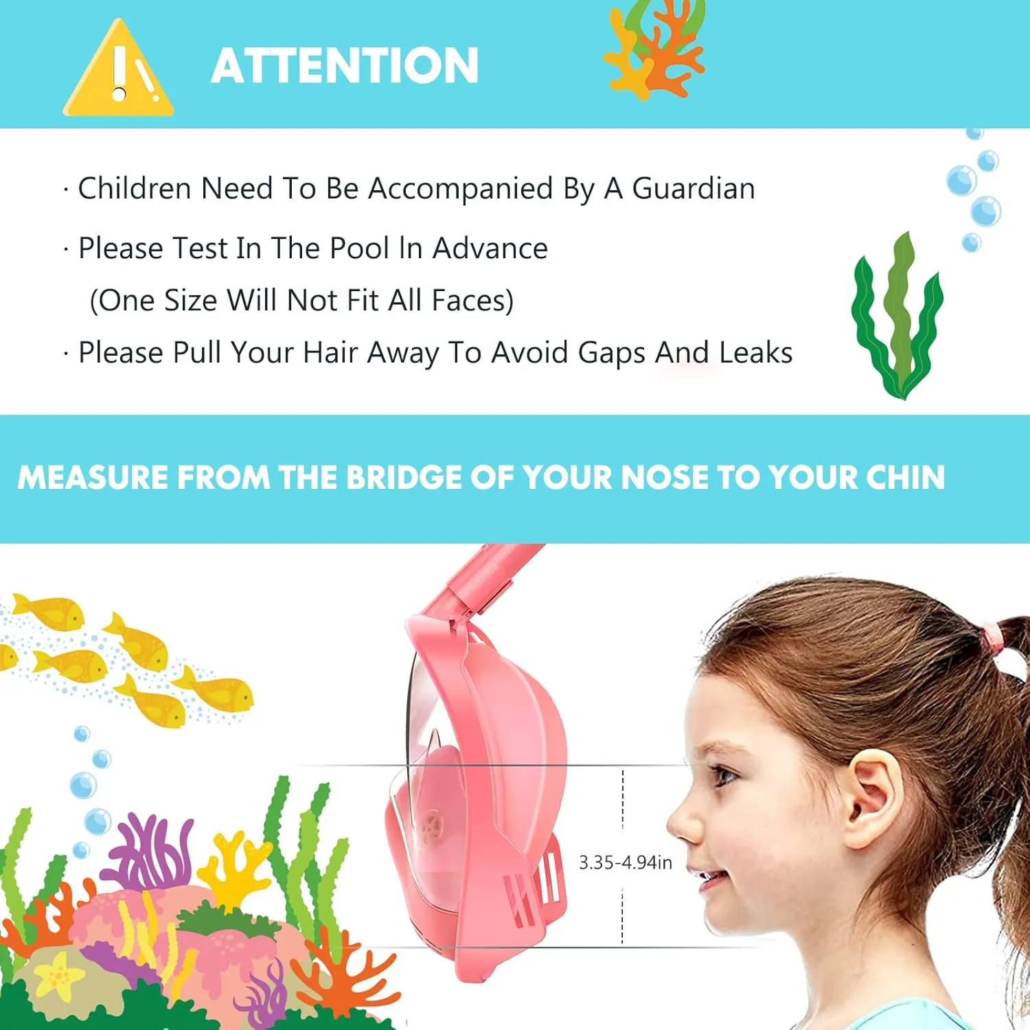 Kids Snorkel Mask Full Face, Snorkeling Gear for Kids 2-14 with Camera Mount, 180 Degree Panoramic View Snorkeling Set Anti-Fog Anti-Leak