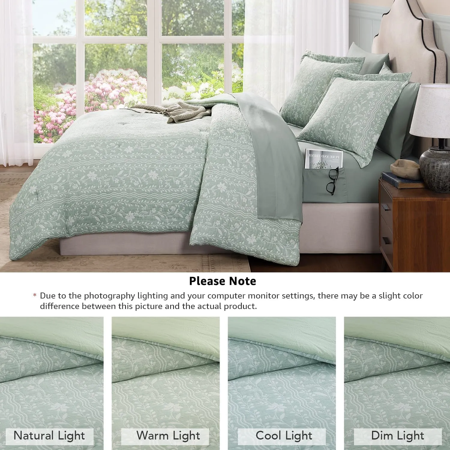 King Size Comforter Set - 7 Pieces Floral Green Bedding for All Seasons, Farmhouse Shabby Chic Embroidery Bed Set, Soft Jacquard King Comforter Set with Sheets, Pillowcases & Shams