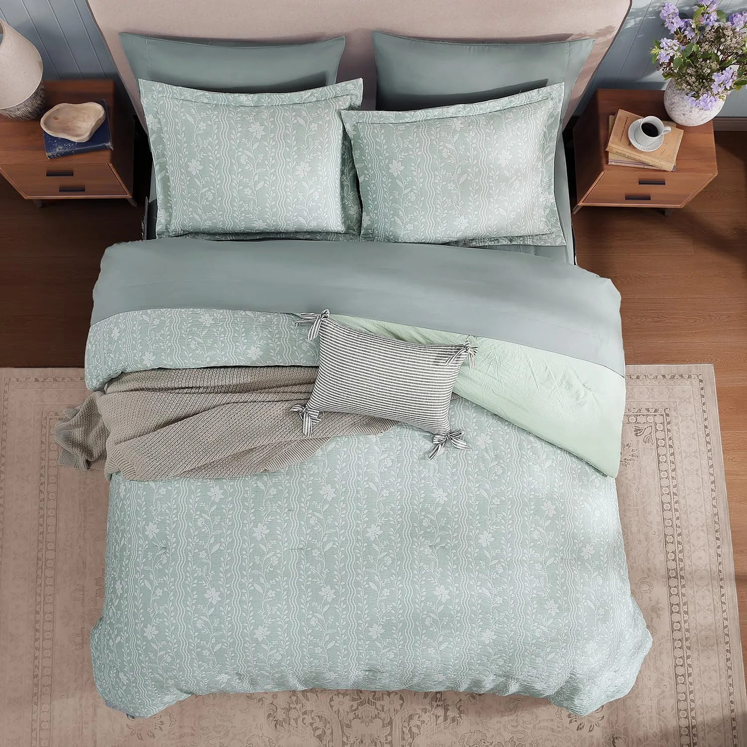 King Size Comforter Set - 7 Pieces Floral Green Bedding for All Seasons, Farmhouse Shabby Chic Embroidery Bed Set, Soft Jacquard King Comforter Set with Sheets, Pillowcases & Shams