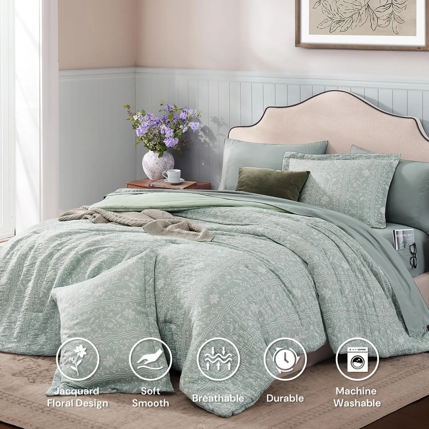 King Size Comforter Set - 7 Pieces Floral Green Bedding for All Seasons, Farmhouse Shabby Chic Embroidery Bed Set, Soft Jacquard King Comforter Set with Sheets, Pillowcases & Shams