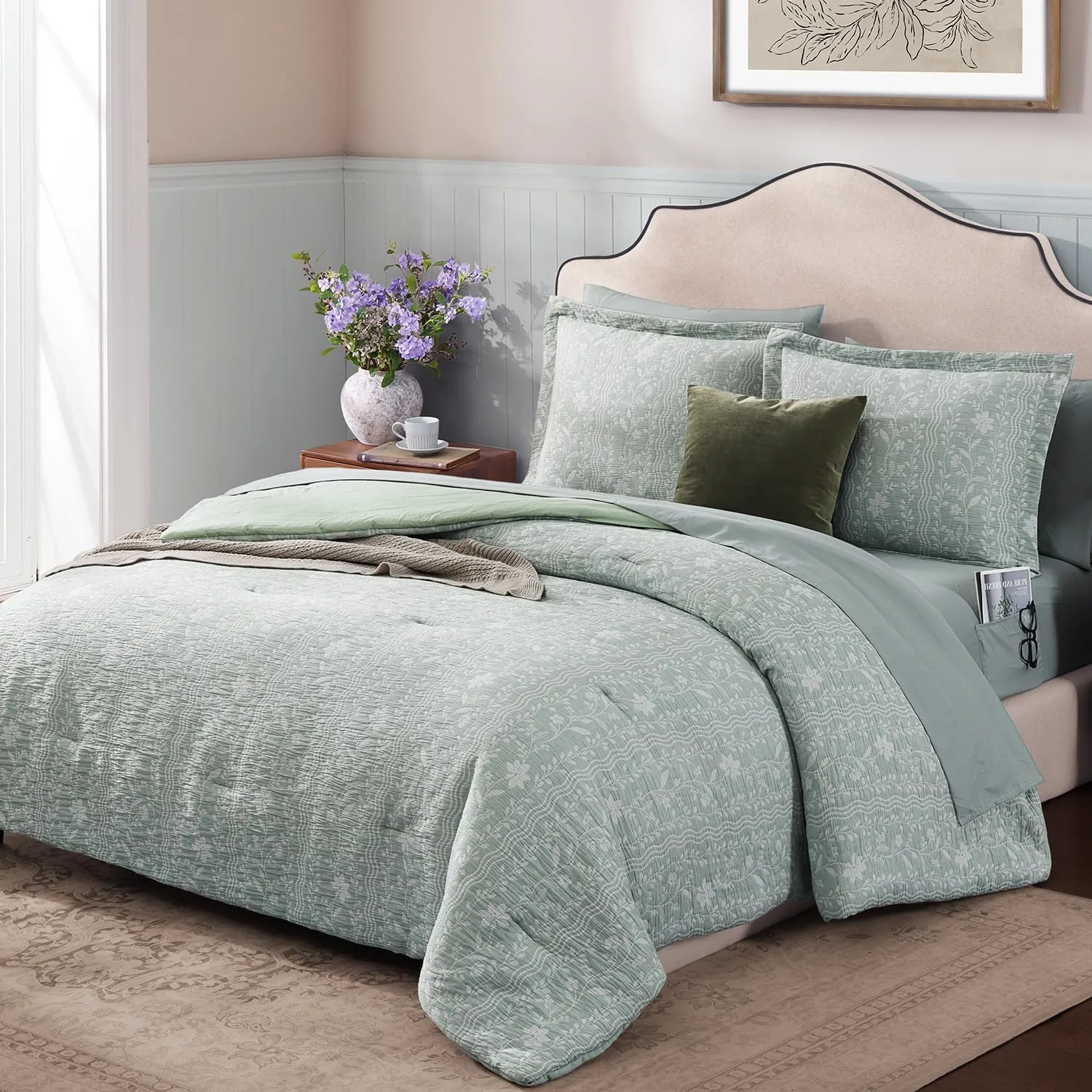 King Size Comforter Set - 7 Pieces Floral Green Bedding for All Seasons, Farmhouse Shabby Chic Embroidery Bed Set, Soft Jacquard King Comforter Set with Sheets, Pillowcases & Shams