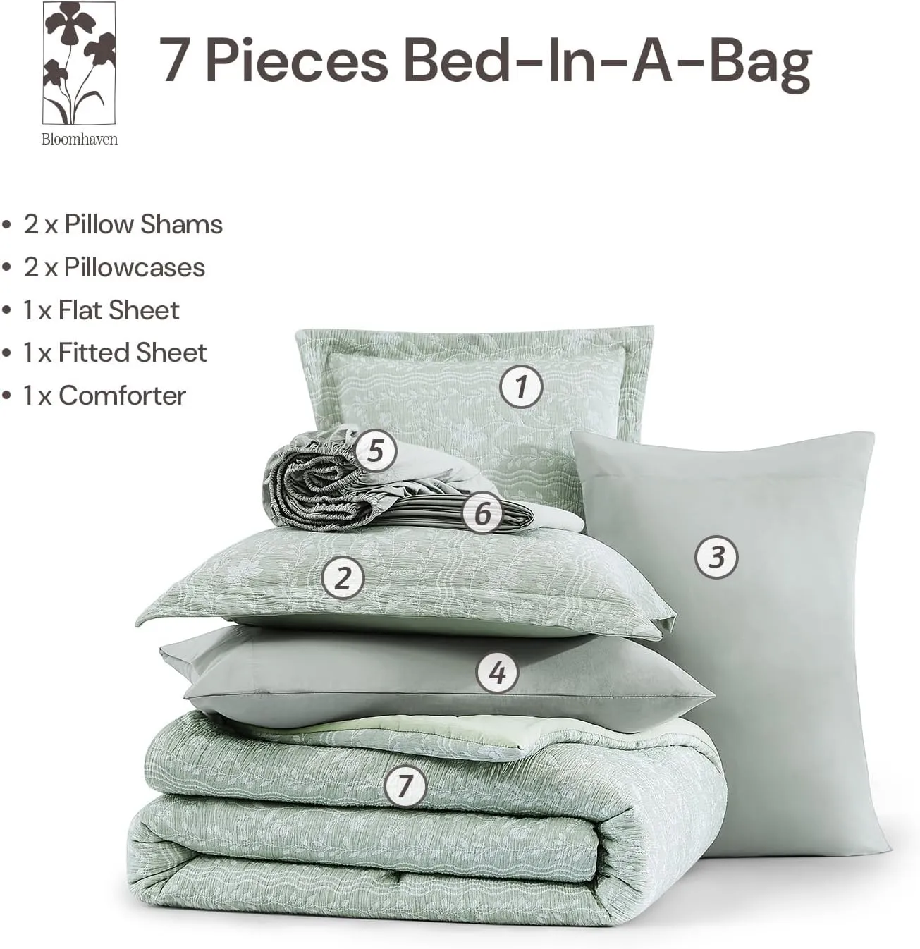 King Size Comforter Set - 7 Pieces Floral Green Bedding for All Seasons, Farmhouse Shabby Chic Embroidery Bed Set, Soft Jacquard King Comforter Set with Sheets, Pillowcases & Shams