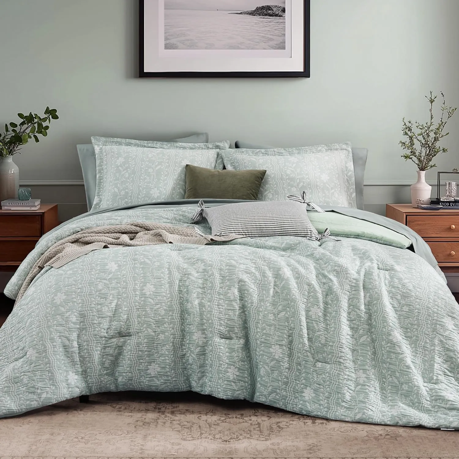 King Size Comforter Set - 7 Pieces Floral Green Bedding for All Seasons, Farmhouse Shabby Chic Embroidery Bed Set, Soft Jacquard King Comforter Set with Sheets, Pillowcases & Shams
