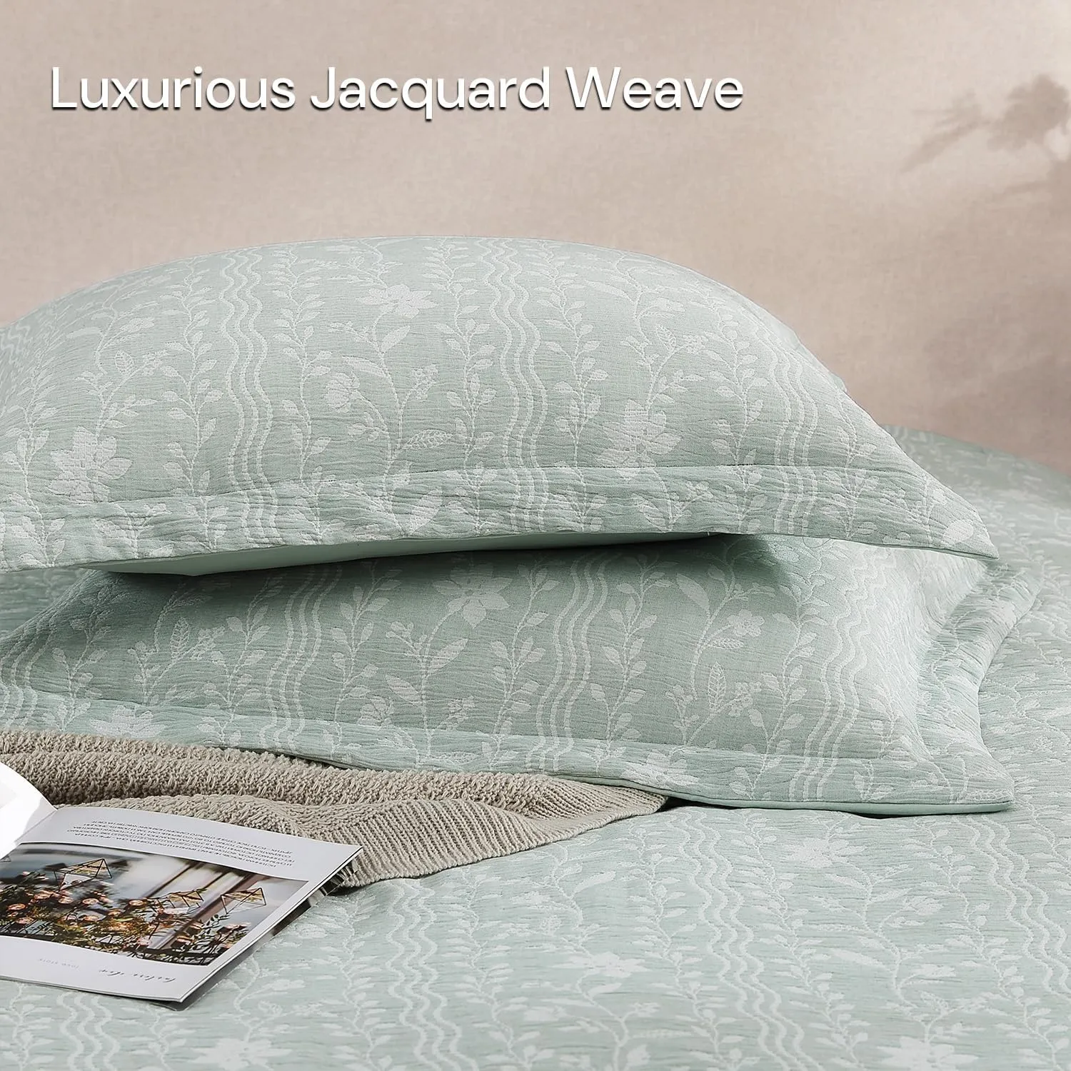King Size Comforter Set - 7 Pieces Floral Green Bedding for All Seasons, Farmhouse Shabby Chic Embroidery Bed Set, Soft Jacquard King Comforter Set with Sheets, Pillowcases & Shams