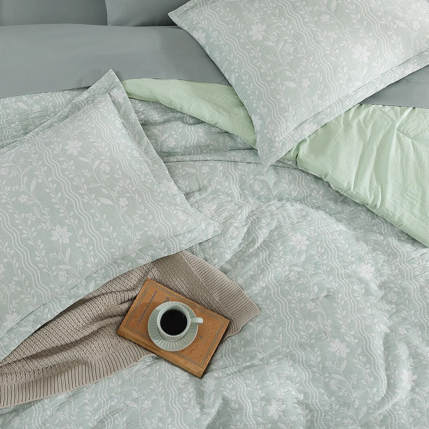 King Size Comforter Set - 7 Pieces Floral Green Bedding for All Seasons, Farmhouse Shabby Chic Embroidery Bed Set, Soft Jacquard King Comforter Set with Sheets, Pillowcases & Shams