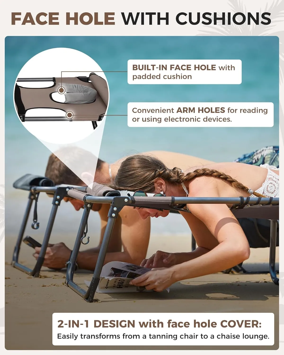 KingCamp 2 Pack Lounge Chair Outdoor, Folding Portable Tanning Chairs Comfy Adjustable 5-Position Foldable Chaise Chaser with Face Hole Canopy Shade for Outside Beach Patio Sun Bathing, Beige