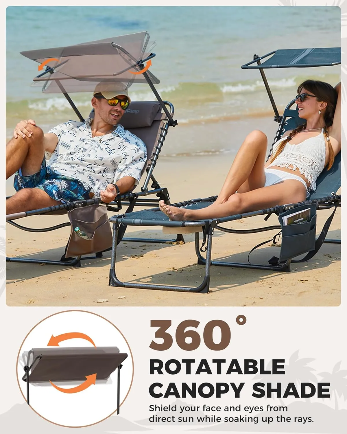 KingCamp 2 Pack Lounge Chair Outdoor, Folding Portable Tanning Chairs Comfy Adjustable 5-Position Foldable Chaise Chaser with Face Hole Canopy Shade for Outside Beach Patio Sun Bathing, Beige