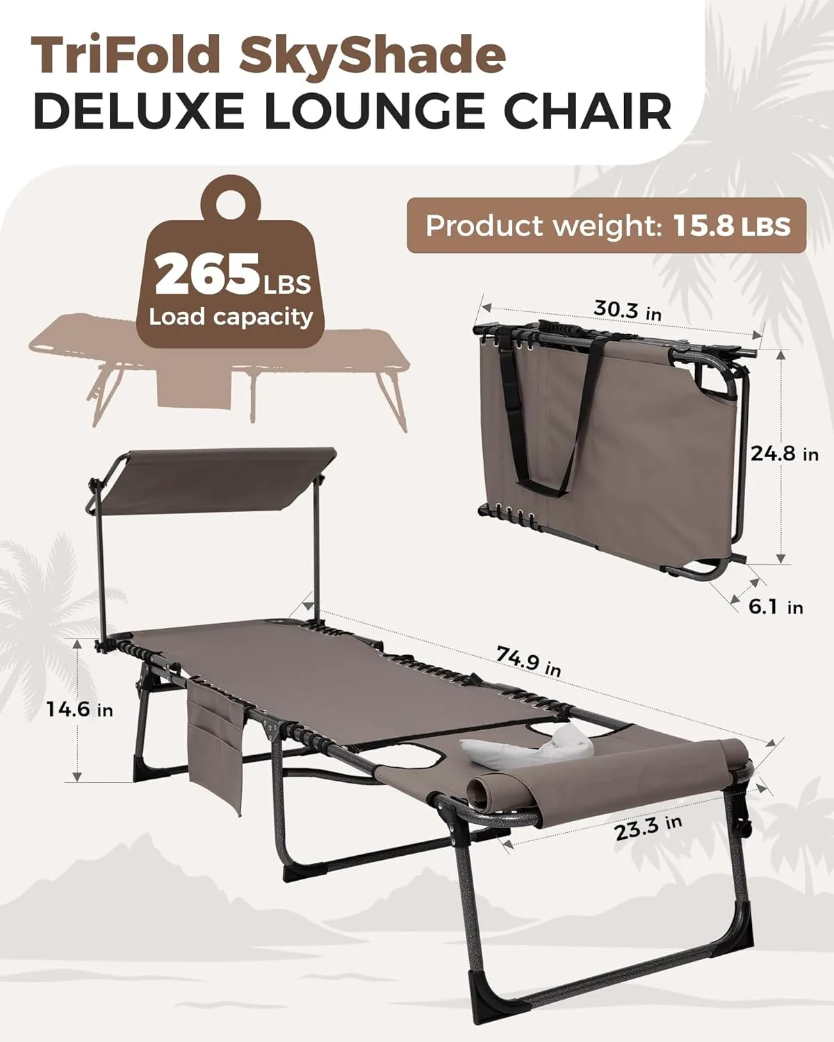 KingCamp 2 Pack Lounge Chair Outdoor, Folding Portable Tanning Chairs Comfy Adjustable 5-Position Foldable Chaise Chaser with Face Hole Canopy Shade for Outside Beach Patio Sun Bathing, Beige