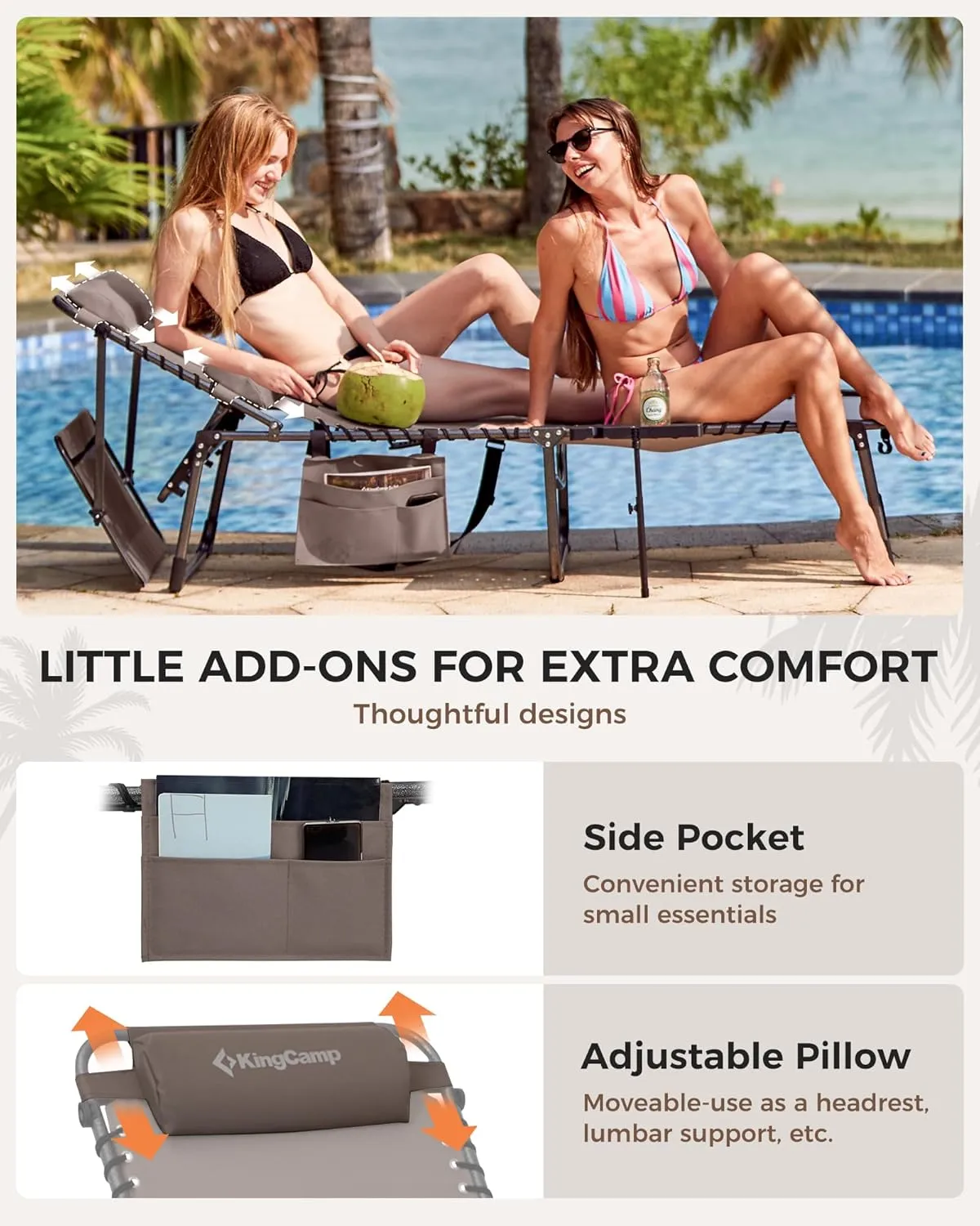 KingCamp 2 Pack Lounge Chair Outdoor, Folding Portable Tanning Chairs Comfy Adjustable 5-Position Foldable Chaise Chaser with Face Hole Canopy Shade for Outside Beach Patio Sun Bathing, Beige