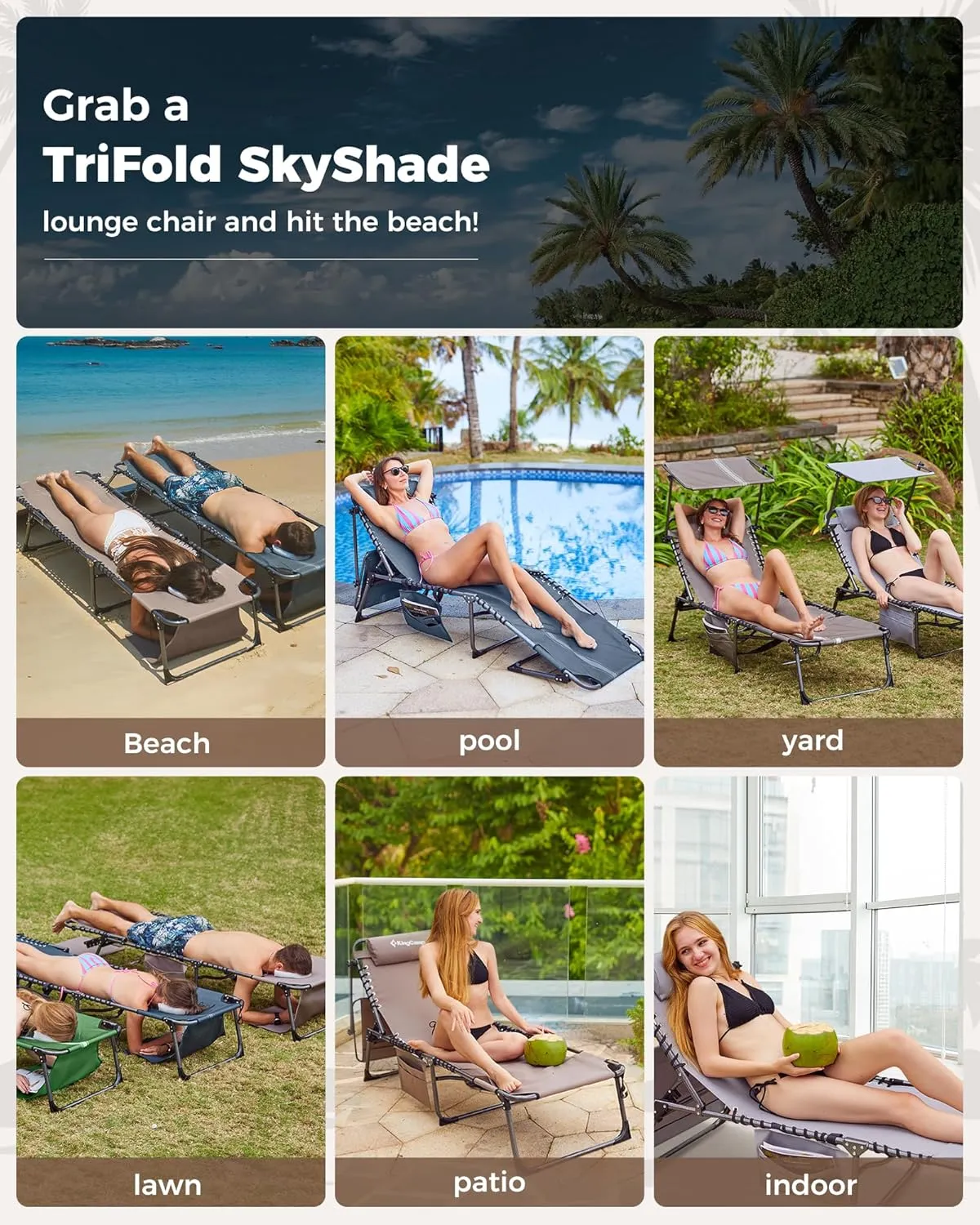 KingCamp 2 Pack Lounge Chair Outdoor, Folding Portable Tanning Chairs Comfy Adjustable 5-Position Foldable Chaise Chaser with Face Hole Canopy Shade for Outside Beach Patio Sun Bathing, Beige