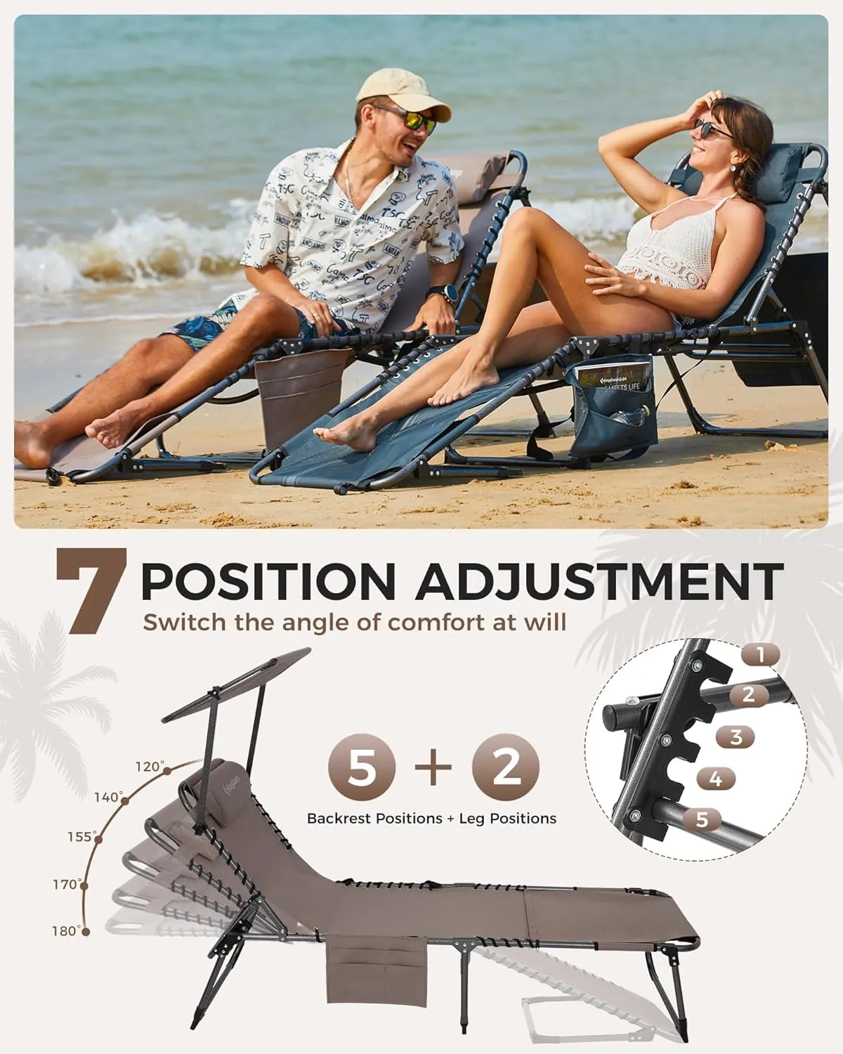 KingCamp 2 Pack Lounge Chair Outdoor, Folding Portable Tanning Chairs Comfy Adjustable 5-Position Foldable Chaise Chaser with Face Hole Canopy Shade for Outside Beach Patio Sun Bathing, Beige