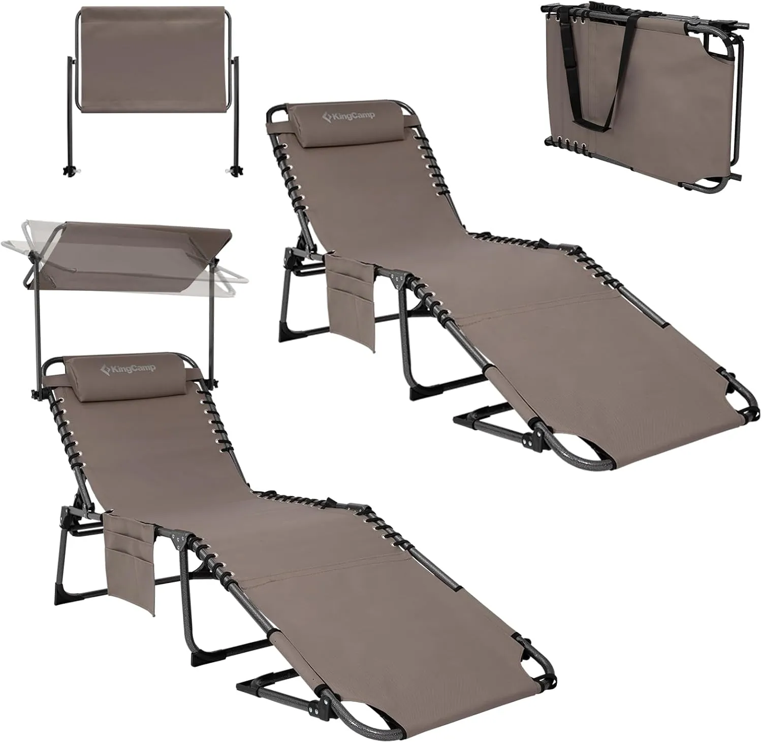 KingCamp 2 Pack Lounge Chair Outdoor, Folding Portable Tanning Chairs Comfy Adjustable 5-Position Foldable Chaise Chaser with Face Hole Canopy Shade for Outside Beach Patio Sun Bathing, Beige