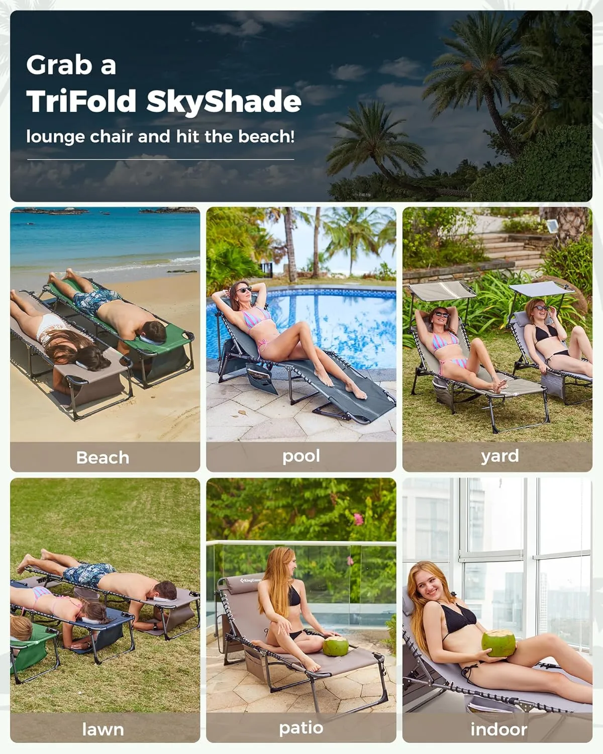 KingCamp 2 Pack Tanning Chair with Face Hole, Lounge Chairs Outdoor Folding Portable Comfy Adjustable 5-Position Chaise Chaser with Canopy Shade for Outside Beach Patio Sun Bathing, Beige/White