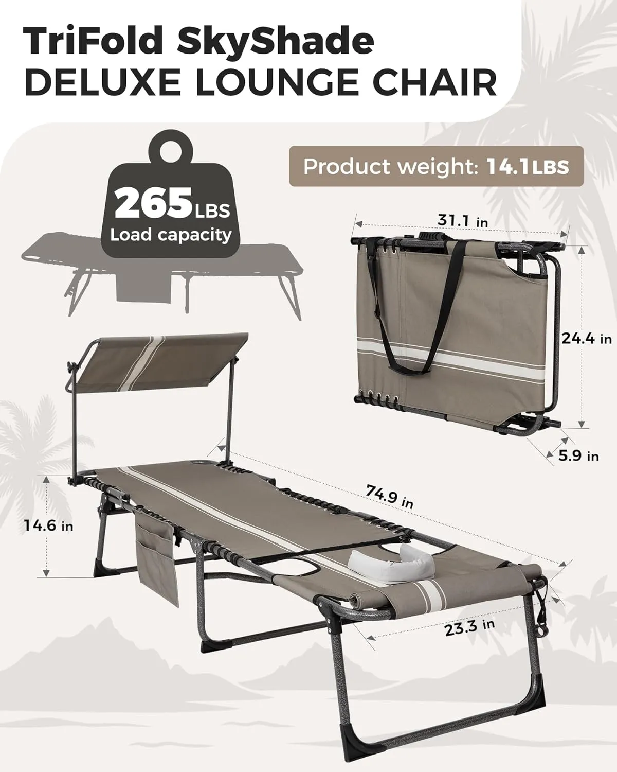 KingCamp 2 Pack Tanning Chair with Face Hole, Lounge Chairs Outdoor Folding Portable Comfy Adjustable 5-Position Chaise Chaser with Canopy Shade for Outside Beach Patio Sun Bathing, Beige/White