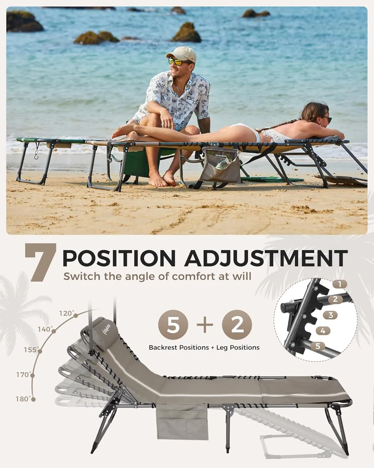 KingCamp 2 Pack Tanning Chair with Face Hole, Lounge Chairs Outdoor Folding Portable Comfy Adjustable 5-Position Chaise Chaser with Canopy Shade for Outside Beach Patio Sun Bathing, Beige/White