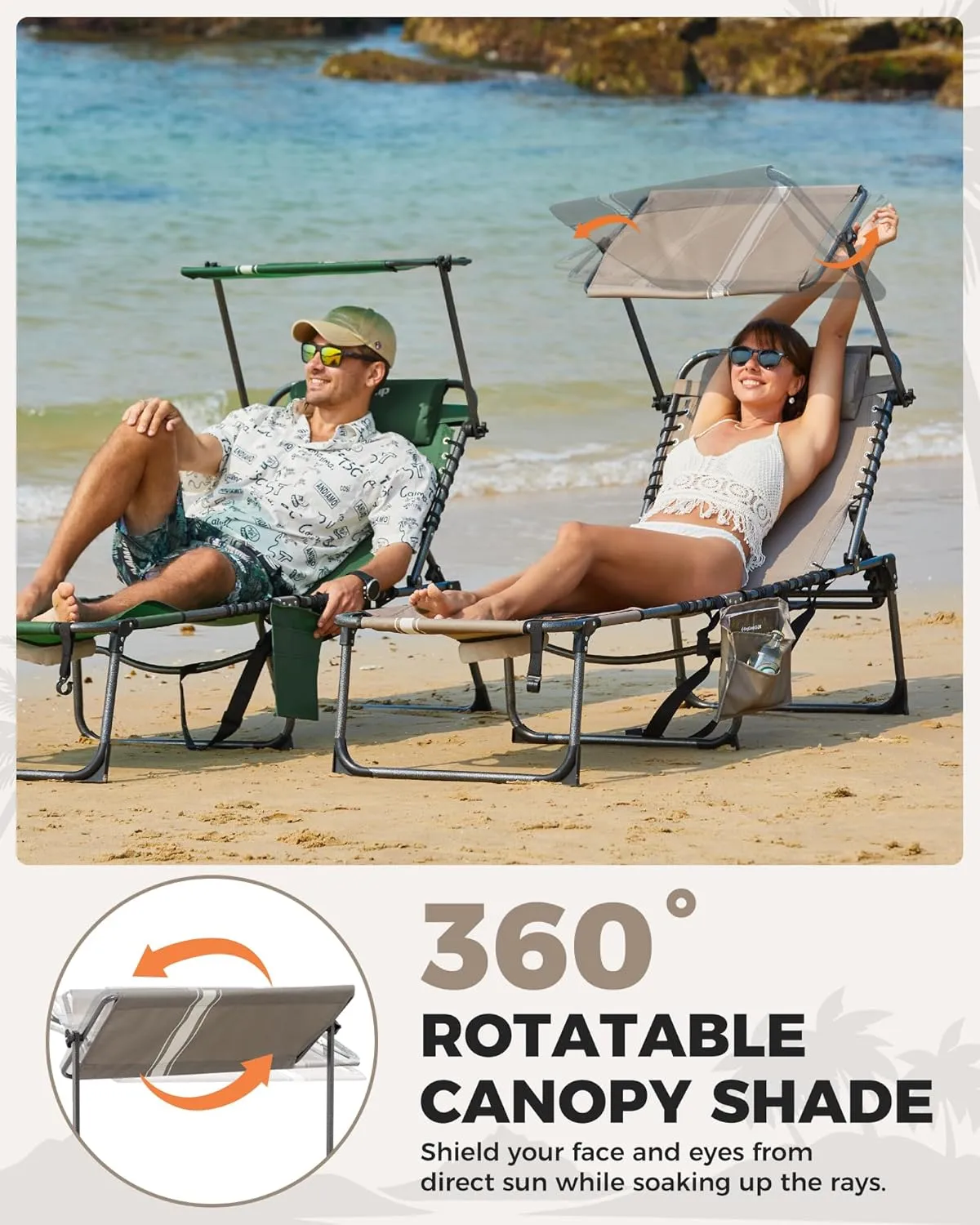KingCamp 2 Pack Tanning Chair with Face Hole, Lounge Chairs Outdoor Folding Portable Comfy Adjustable 5-Position Chaise Chaser with Canopy Shade for Outside Beach Patio Sun Bathing, Beige/White
