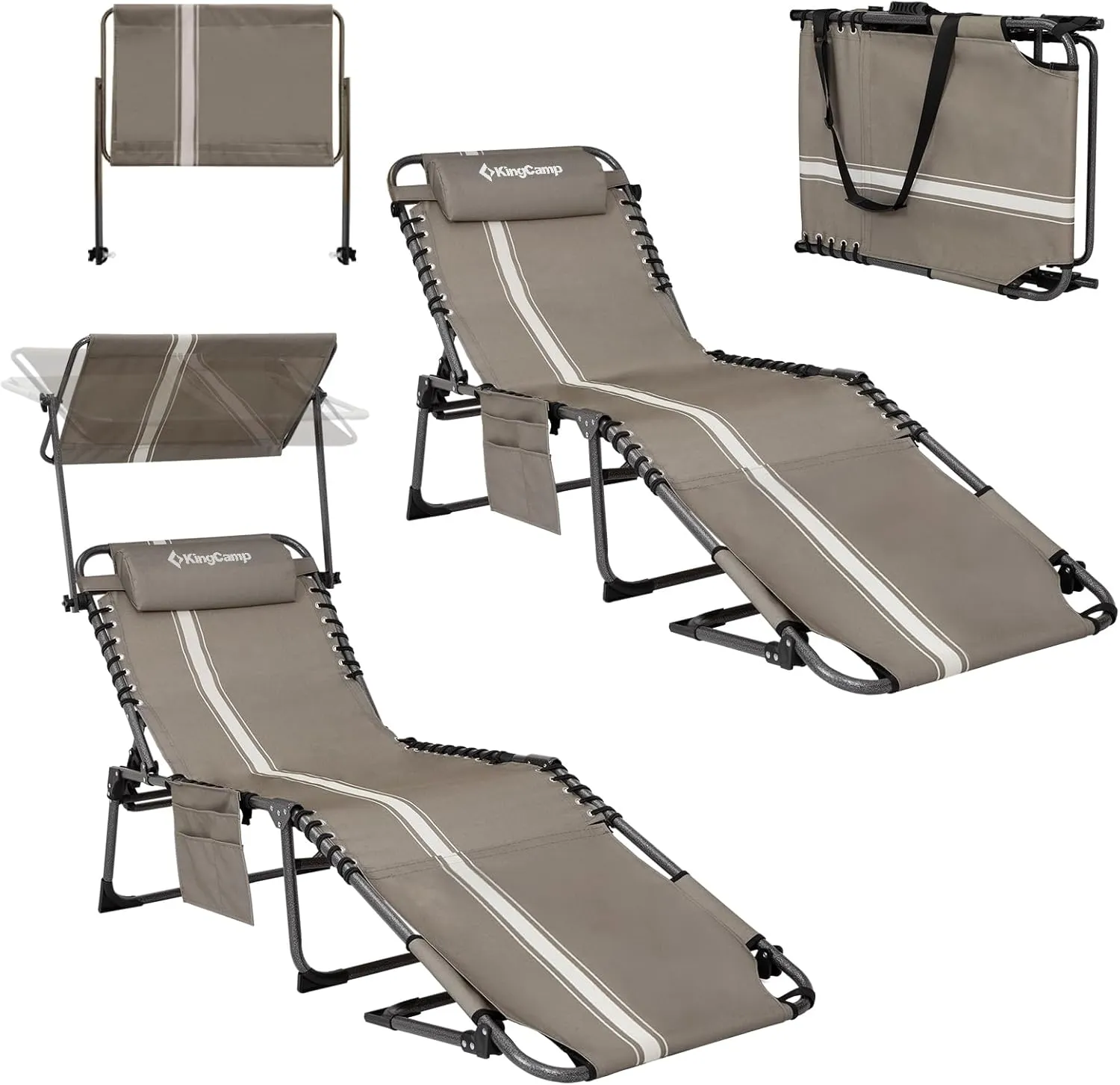 KingCamp 2 Pack Tanning Chair with Face Hole, Lounge Chairs Outdoor Folding Portable Comfy Adjustable 5-Position Chaise Chaser with Canopy Shade for Outside Beach Patio Sun Bathing, Beige/White