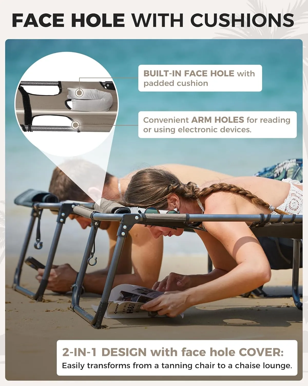 KingCamp 2 Pack Tanning Chair with Face Hole, Lounge Chairs Outdoor Folding Portable Comfy Adjustable 5-Position Chaise Chaser with Canopy Shade for Outside Beach Patio Sun Bathing, Beige/White