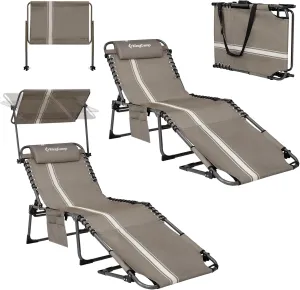KingCamp 2 Pack Tanning Chair with Face Hole, Lounge Chairs Outdoor Folding Portable Comfy Adjustable 5-Position Chaise Chaser with Canopy Shade for Outside Beach Patio Sun Bathing, Beige/White