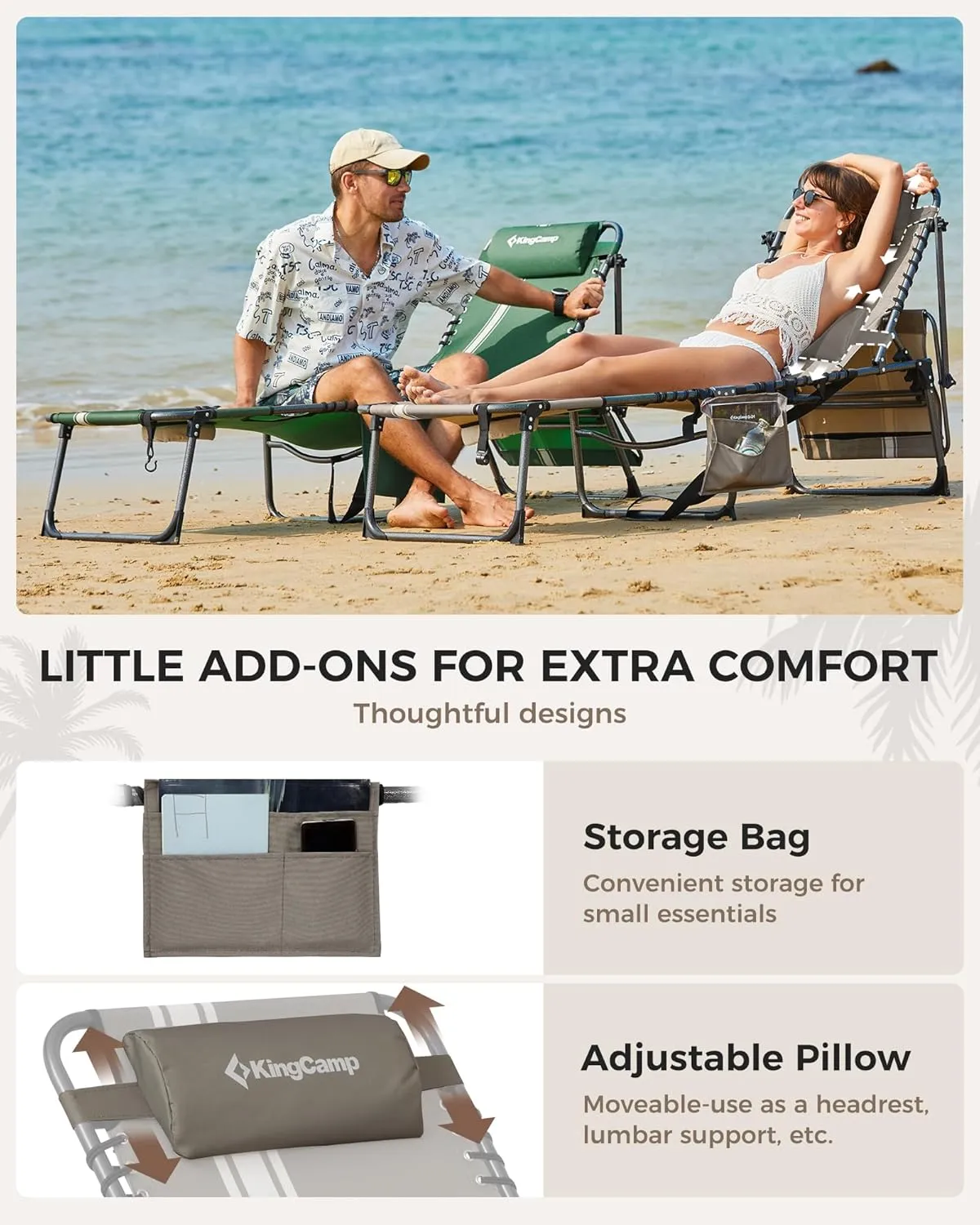 KingCamp 2 Pack Tanning Chair with Face Hole, Lounge Chairs Outdoor Folding Portable Comfy Adjustable 5-Position Chaise Chaser with Canopy Shade for Outside Beach Patio Sun Bathing, Beige/White