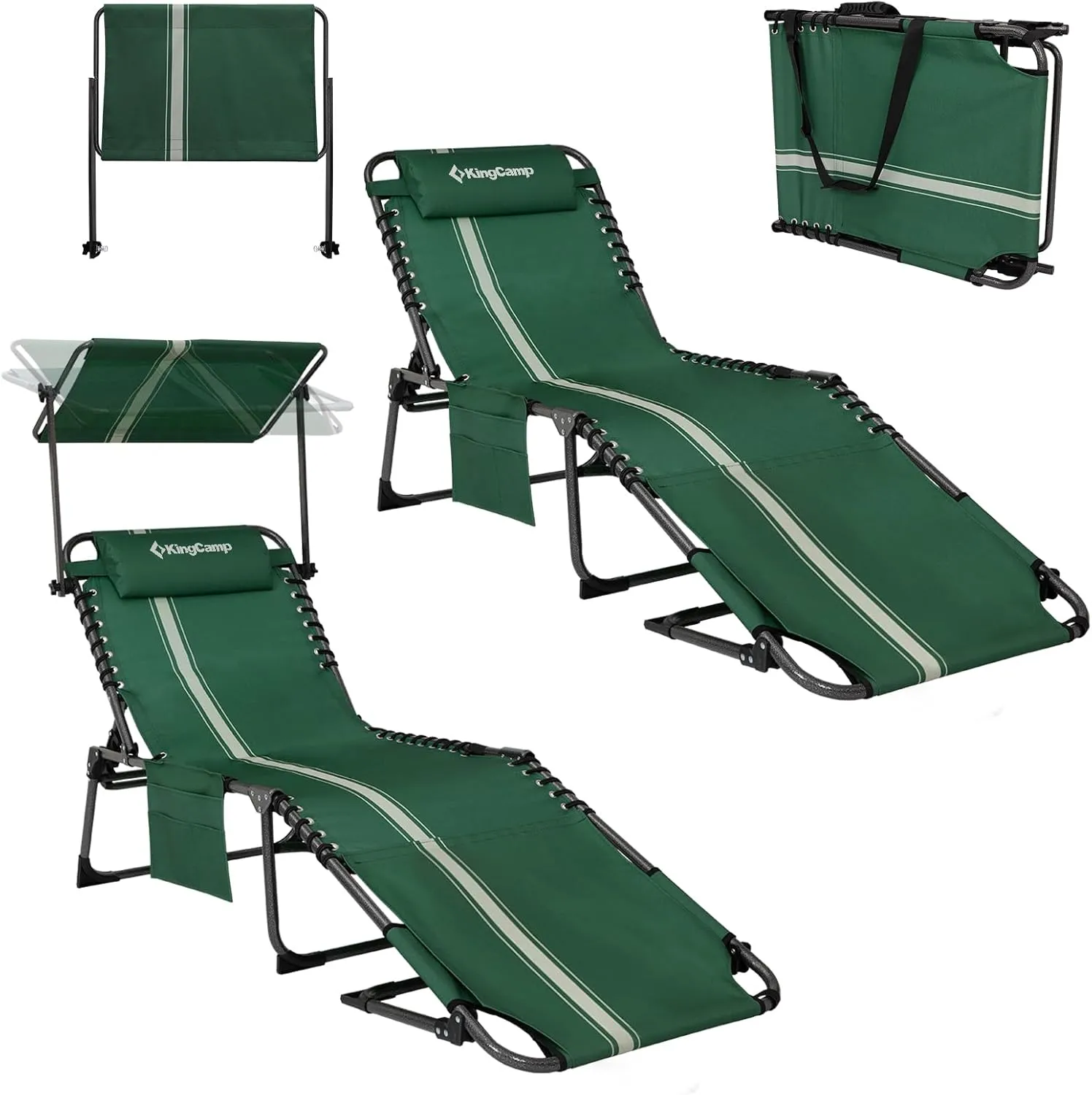 KingCamp 2 Pack Tanning Chair with Face Hole, Lounge Chairs Outdoor Folding Portable Comfy Adjustable 5-Position Chaise Chaser with Canopy Shade for Outside Beach Patio Sun Bathing Pool, Green/White