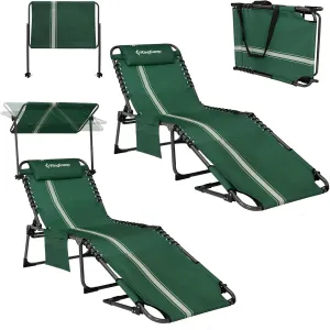 KingCamp 2 Pack Tanning Chair with Face Hole, Lounge Chairs Outdoor Folding Portable Comfy Adjustable 5-Position Chaise Chaser with Canopy Shade for Outside Beach Patio Sun Bathing Pool, Green/White