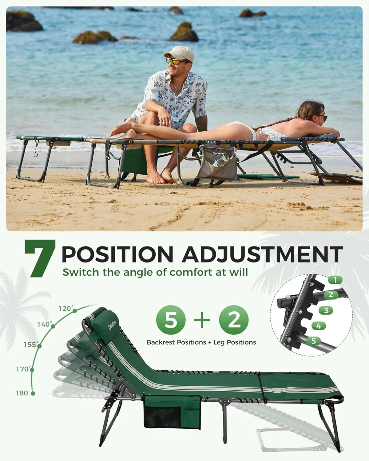 KingCamp 2 Pack Tanning Chair with Face Hole, Lounge Chairs Outdoor Folding Portable Comfy Adjustable 5-Position Chaise Chaser with Canopy Shade for Outside Beach Patio Sun Bathing Pool, Green/White