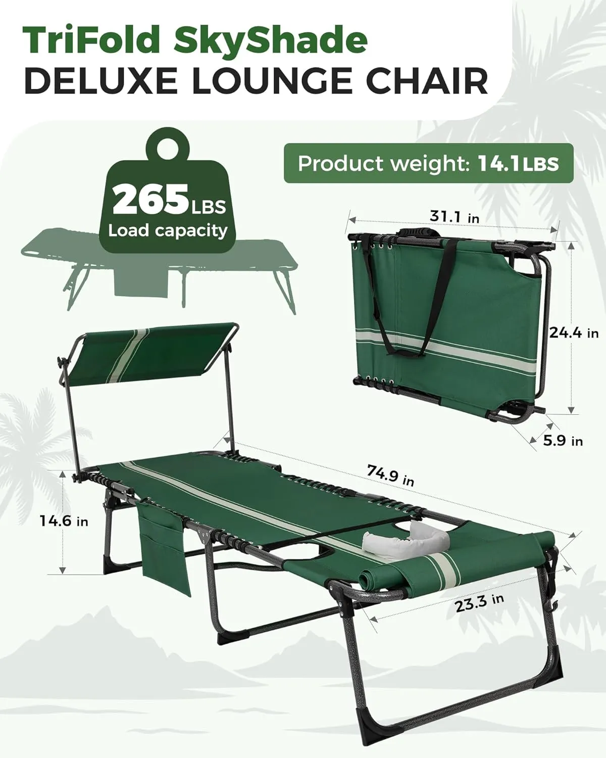 KingCamp 2 Pack Tanning Chair with Face Hole, Lounge Chairs Outdoor Folding Portable Comfy Adjustable 5-Position Chaise Chaser with Canopy Shade for Outside Beach Patio Sun Bathing Pool, Green/White