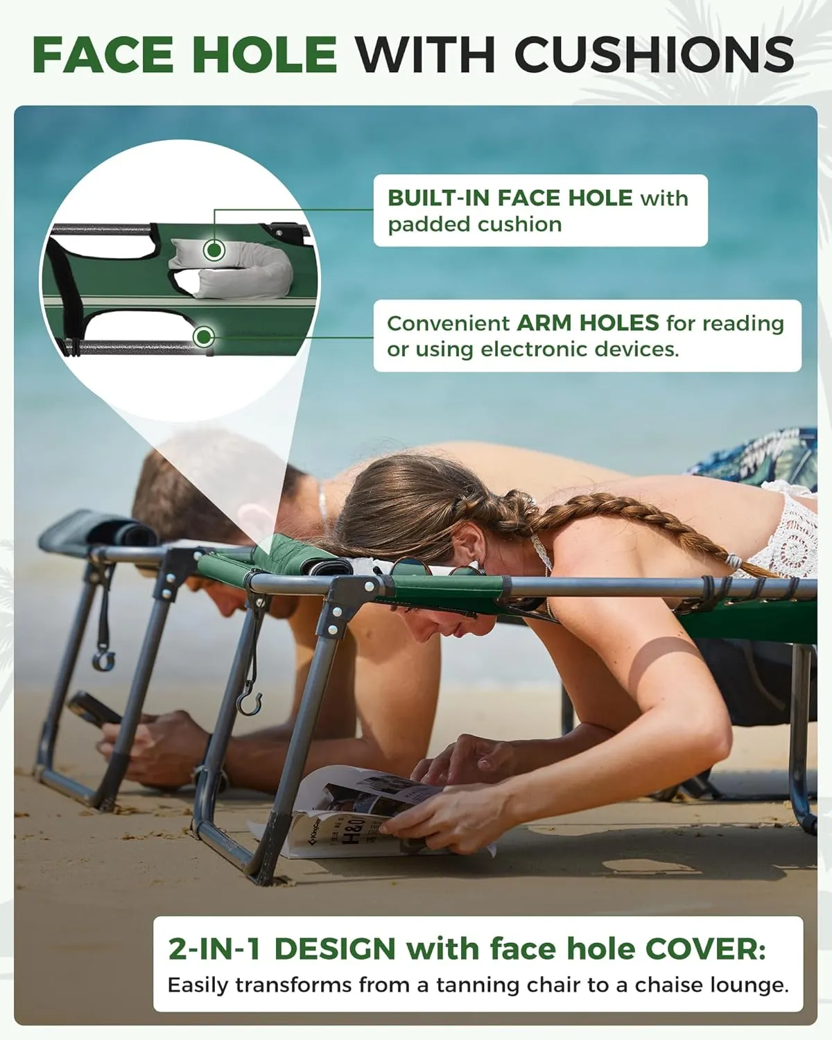 KingCamp 2 Pack Tanning Chair with Face Hole, Lounge Chairs Outdoor Folding Portable Comfy Adjustable 5-Position Chaise Chaser with Canopy Shade for Outside Beach Patio Sun Bathing Pool, Green/White