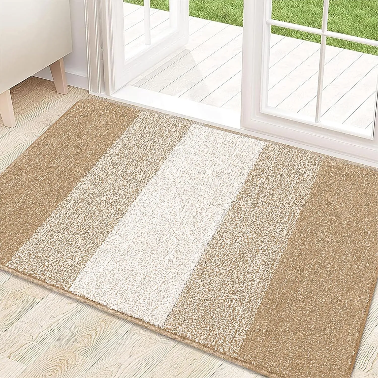 Kitinjoy Indoor Outdoor Door Mat, 32x20 Non-Slip Absorbent Dirt Trapper, Low-Profile Washable Inside Entrance Front Floor Mat, Sturdy Soft Entry Doormats for Entryway, Beige
