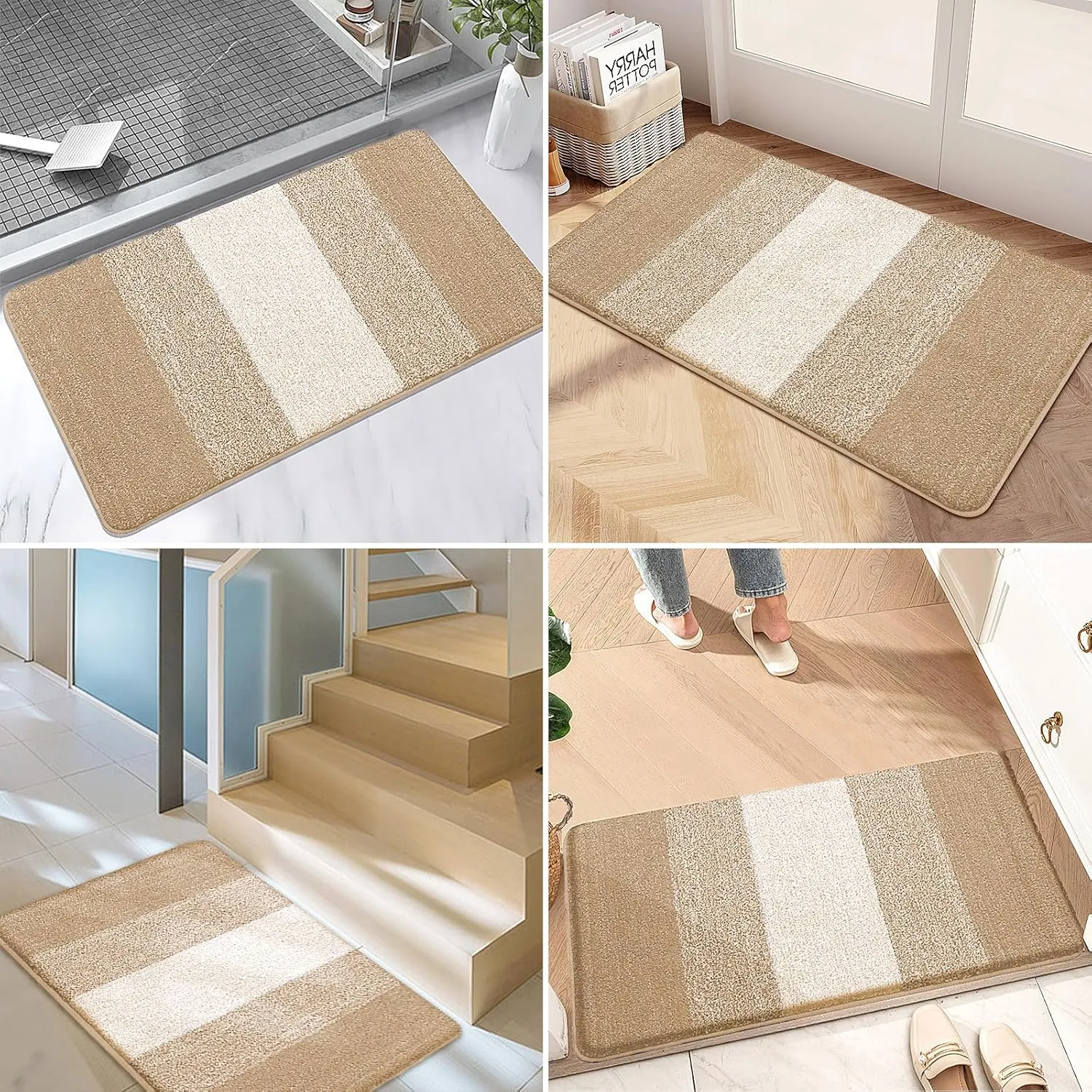 Kitinjoy Indoor Outdoor Door Mat, 32x20 Non-Slip Absorbent Dirt Trapper, Low-Profile Washable Inside Entrance Front Floor Mat, Sturdy Soft Entry Doormats for Entryway, Beige
