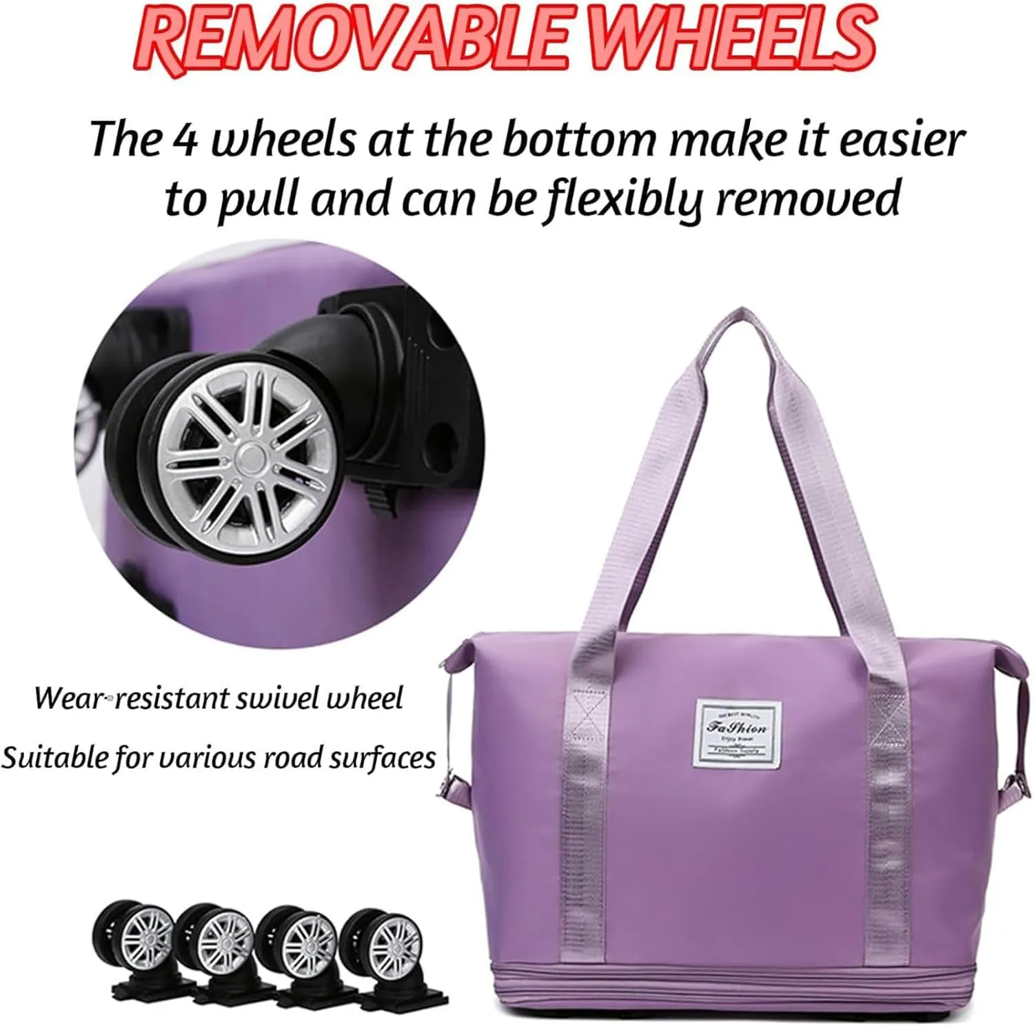Klarson Expandable Bag, Klarson Expandable Bag with Wheels, Foldable Suitcase without Handle, Waterproof & Wear-Resistant (Purple)